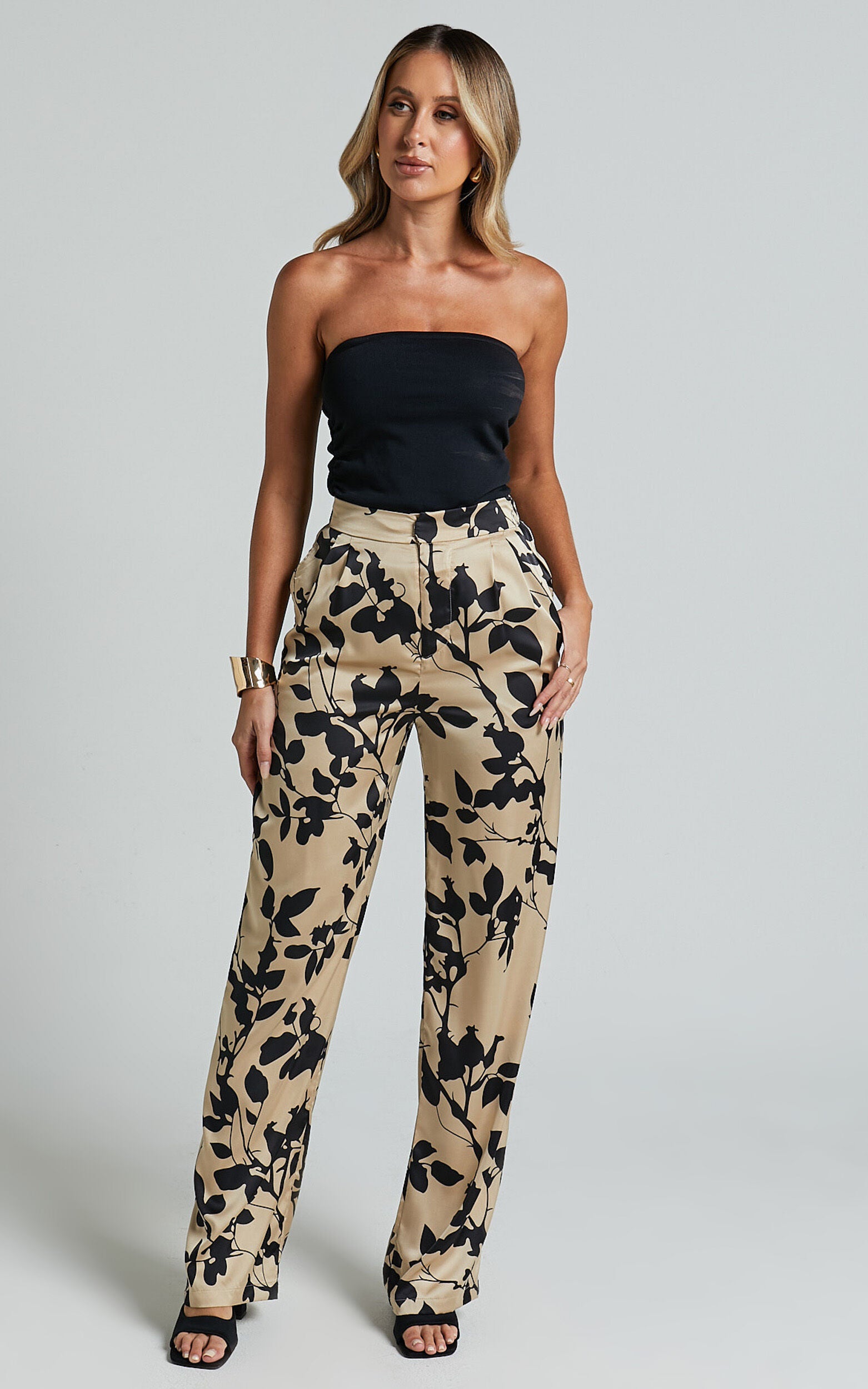 Laila Pants - High Waisted Wide Leg Pants in Black and Cream Print