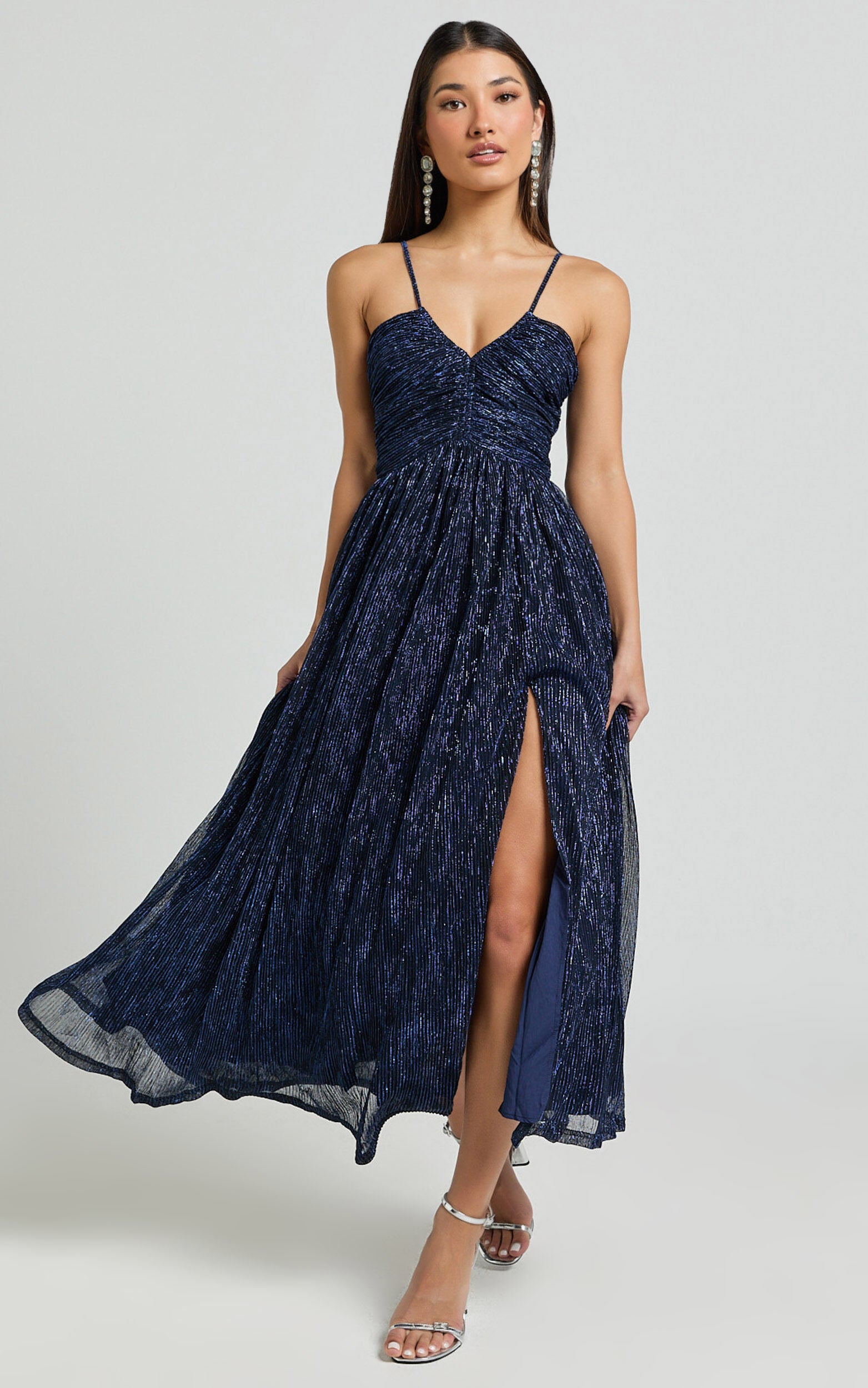 Sara Midi Dress - Ruched Bodice Lurex Dress in Navy