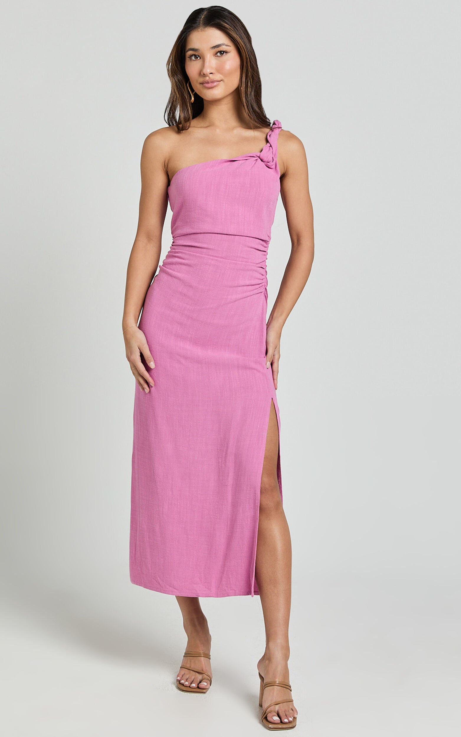 Finley Midi Linen Dress - Linen Feel One Shoulder Ruched Dress in Orchid