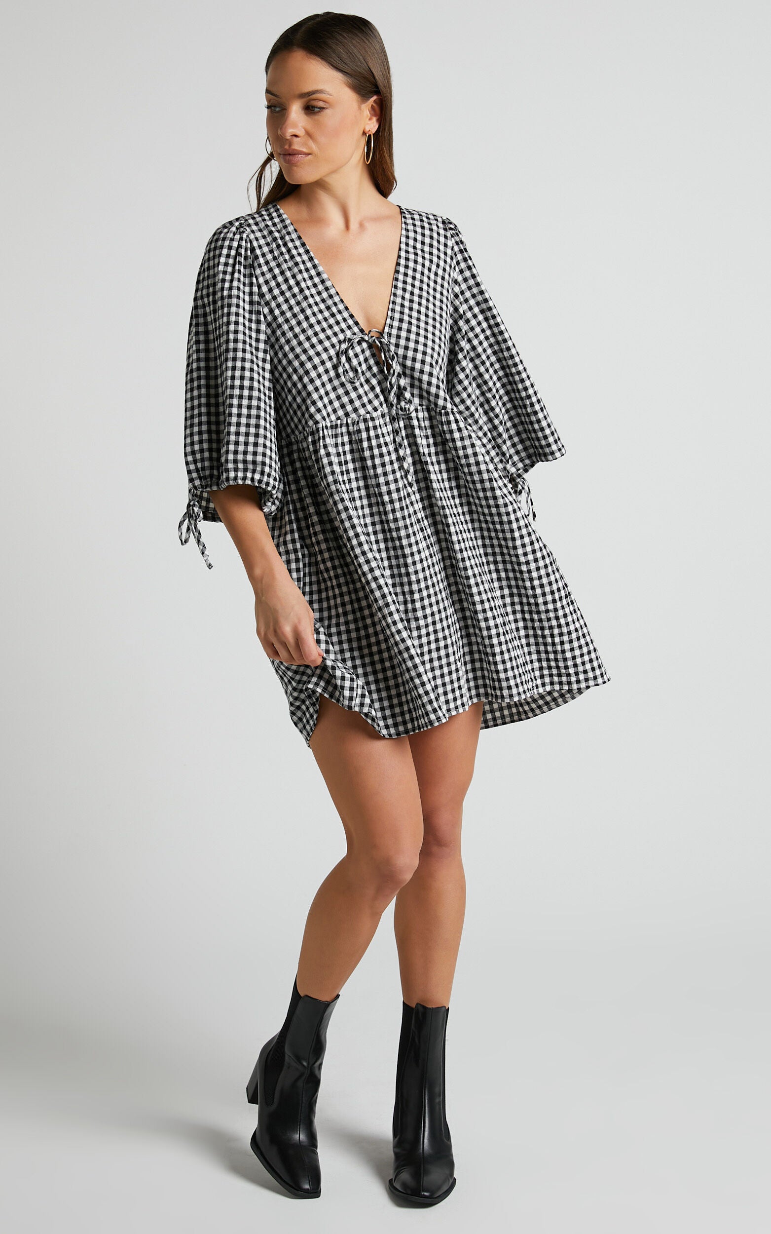 Rosita Mini Dress - Tie Front Puff Sleeve Dress in Black and White Check