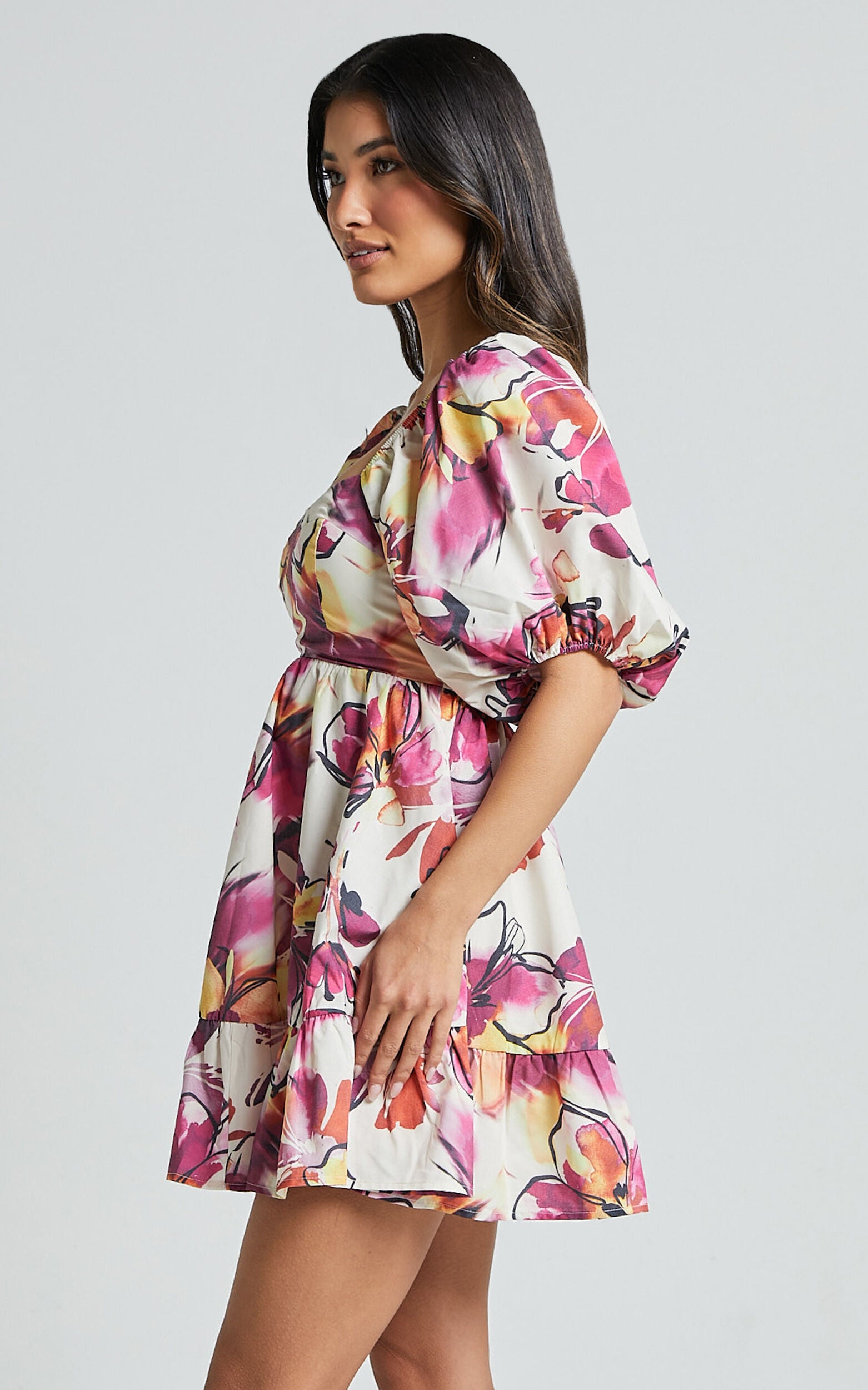 Gretchen Mini Dress - Puff Sleeve Babydoll Dress in Dahlia Dusk Floral