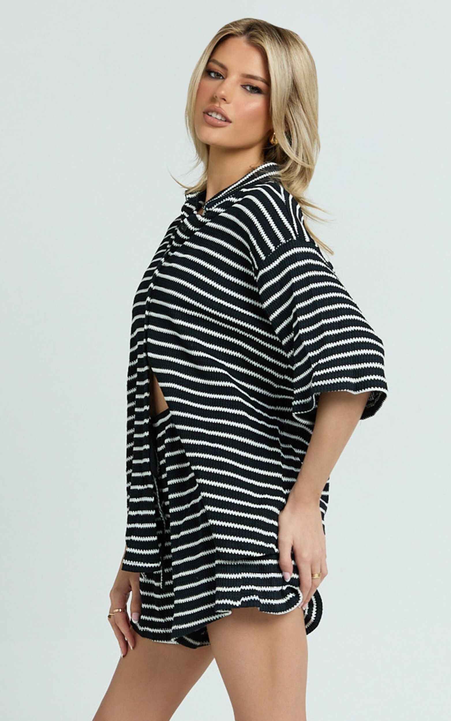 Dylan Two Piece Set - Striped Waffle Shirt and Short Set in Black & White Stripe