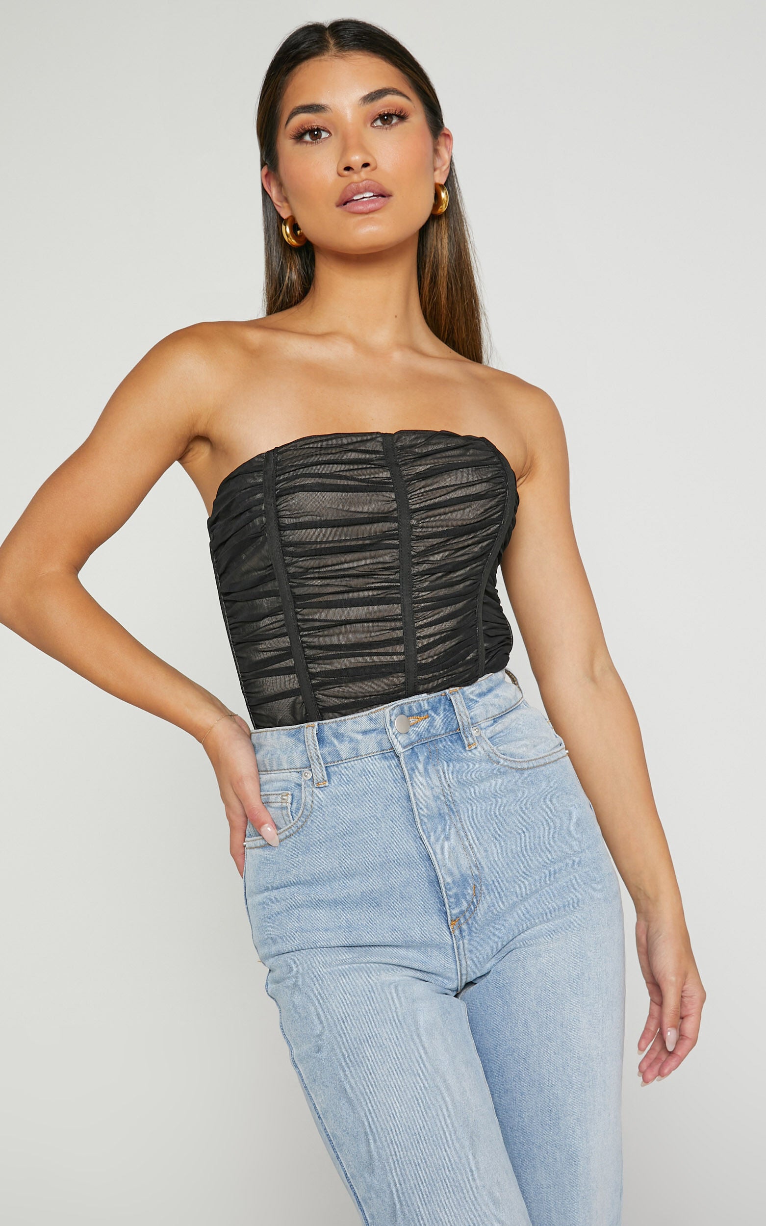 Isabella Bodysuit - Ruched Strapless Mesh Corset in Black