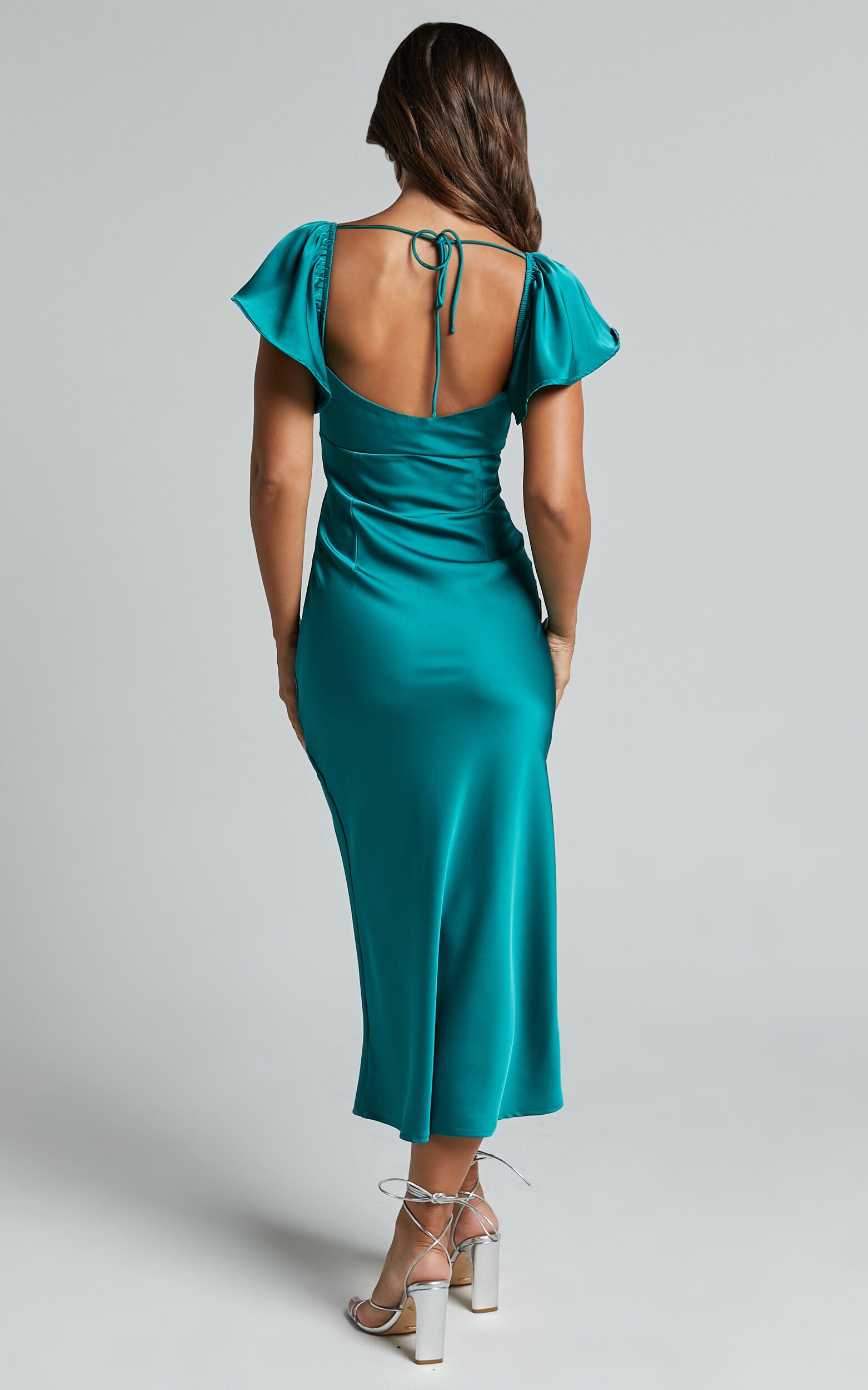 Emberlynn Midi Dress - Flutter Sleeve Cut Out Satin Dress in Teal