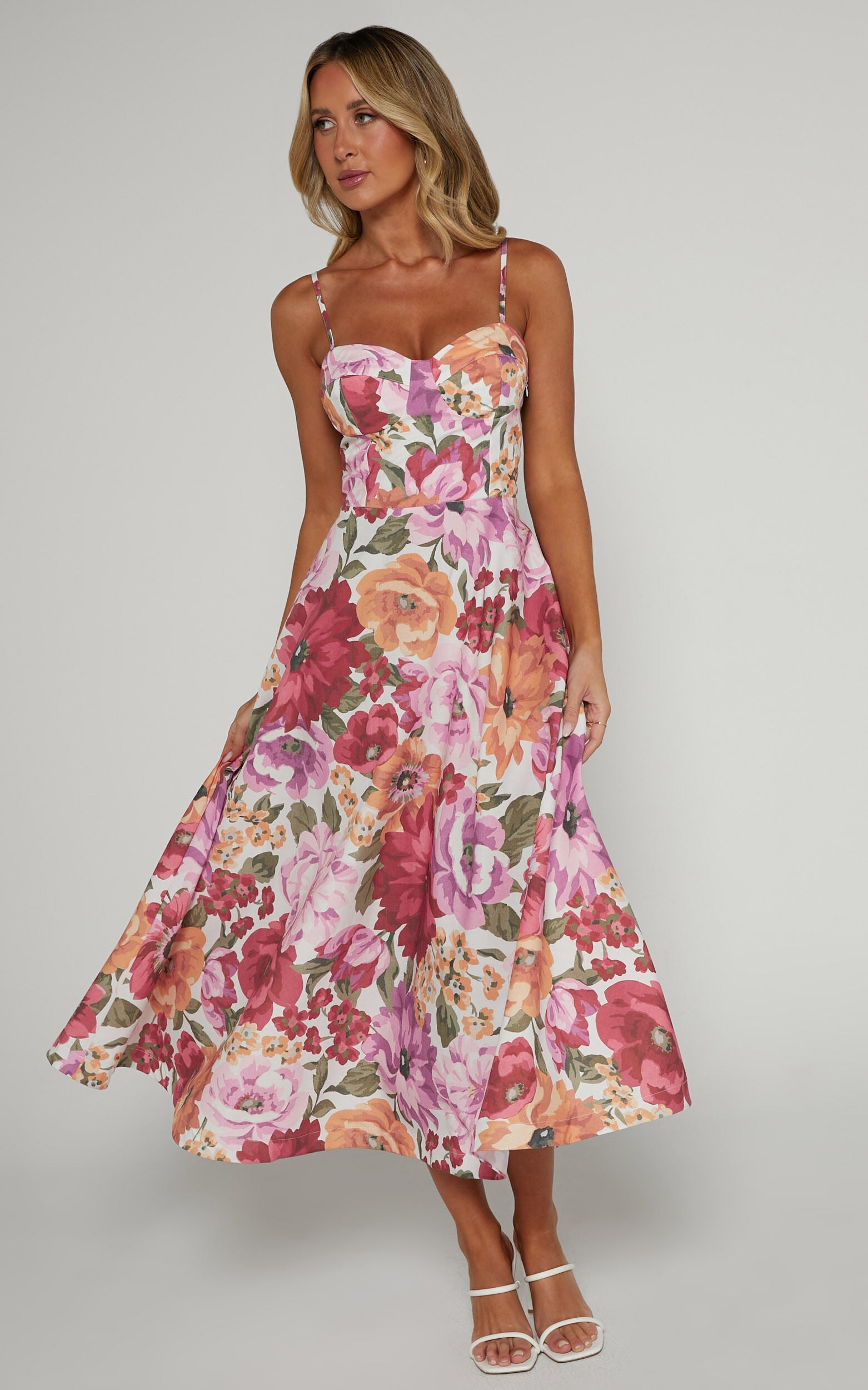 Robertson Midi Dress - Strappy Sweetheart Bustier Flare Dress in Spring Floral