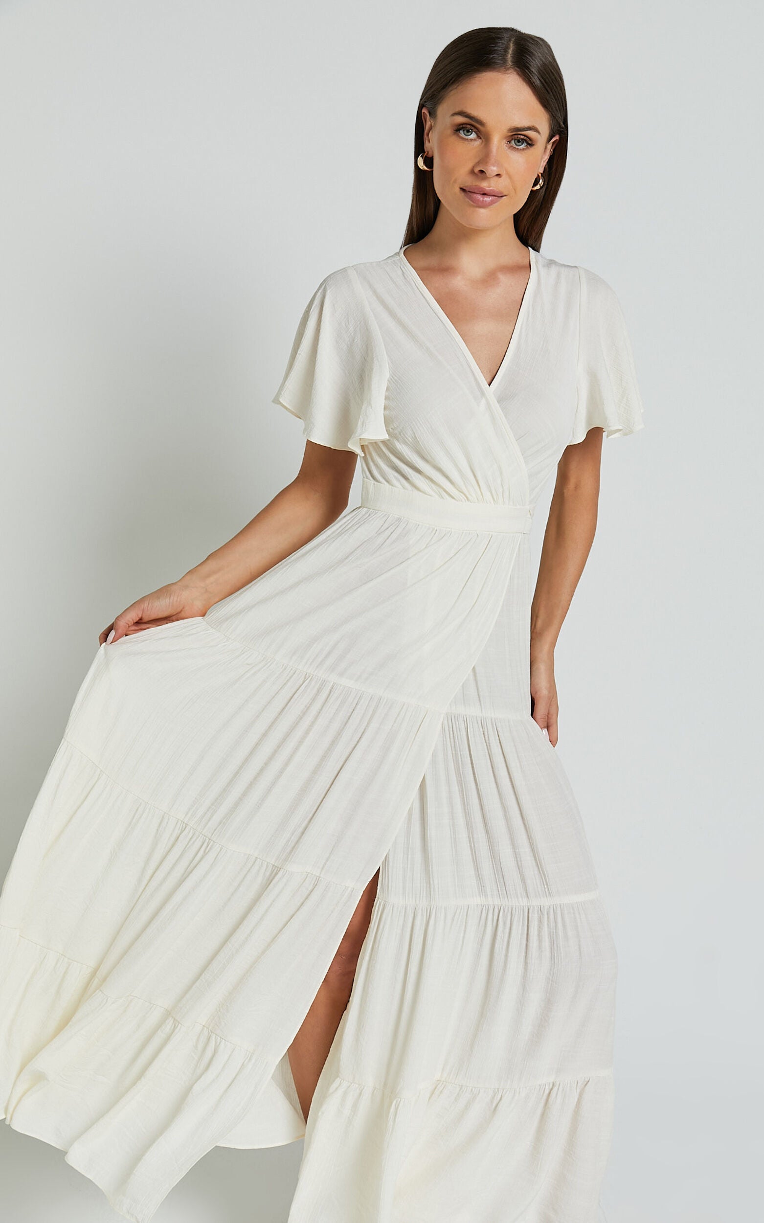 Geneva Midi Dress - Short Flutter Sleeve Wrap Dress in Off White