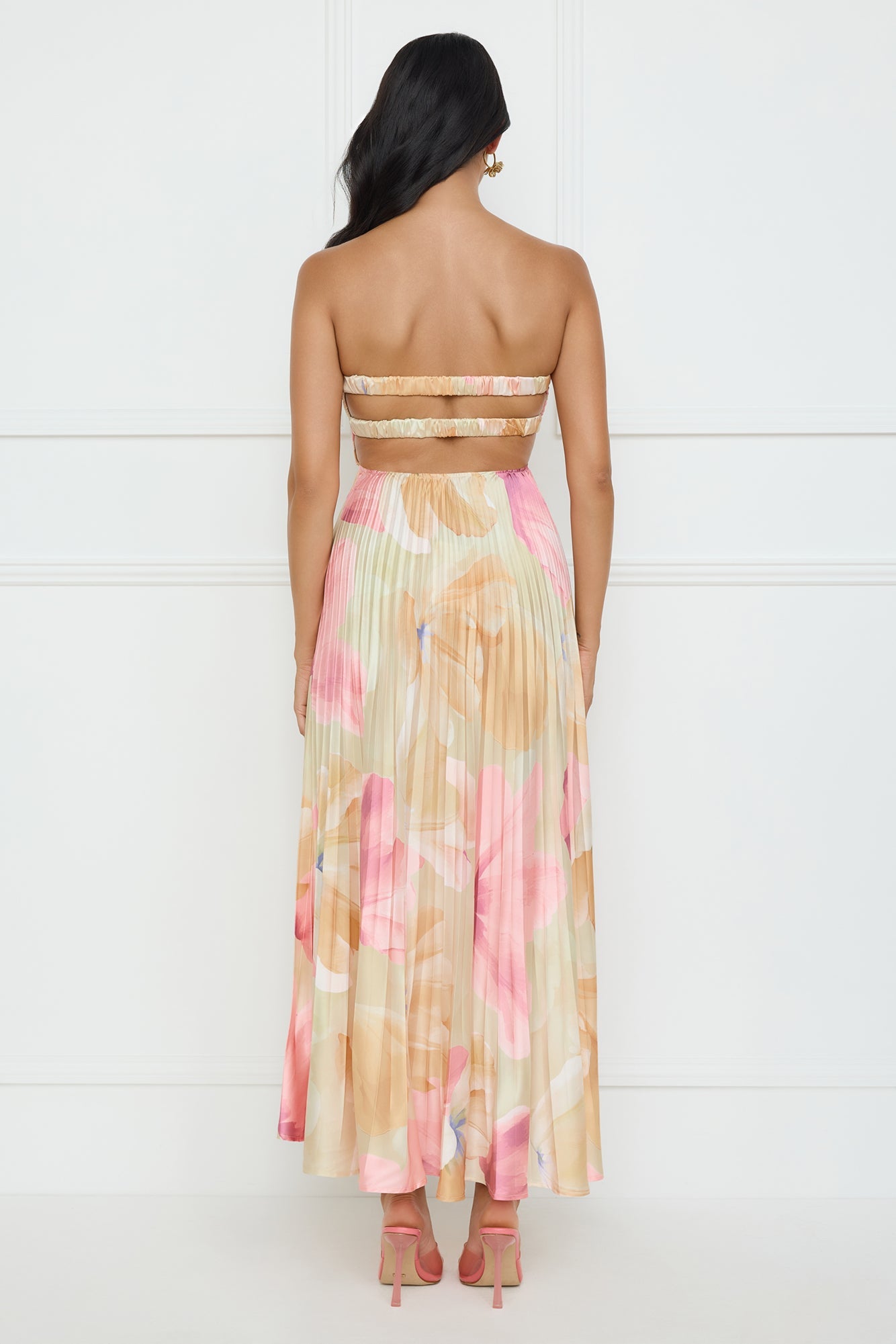Sea Goddess Strapless Satin Maxi Dress Print