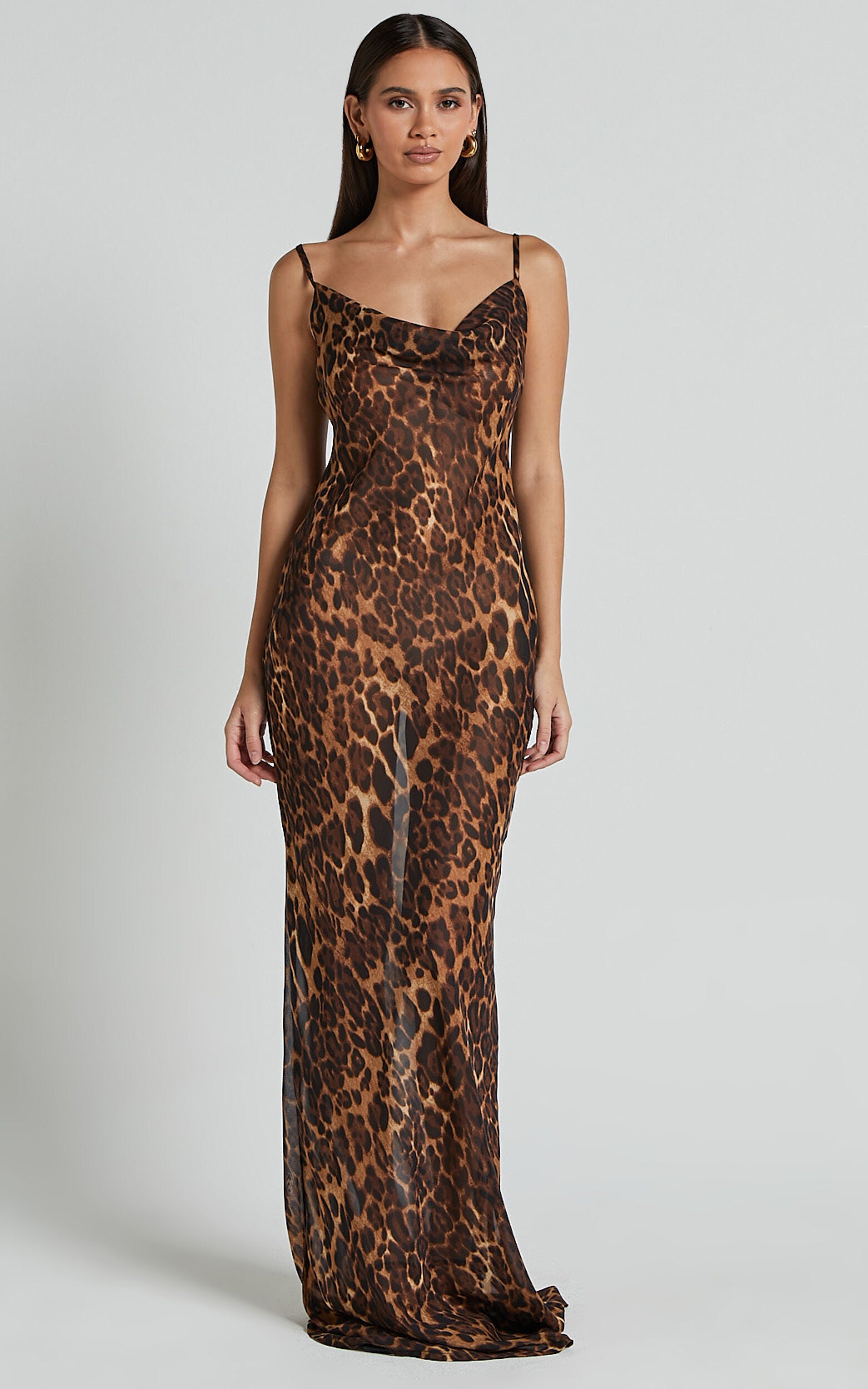Hilary Maxi Dress - Sheer Cowl Neck Slip Dress in Leopard