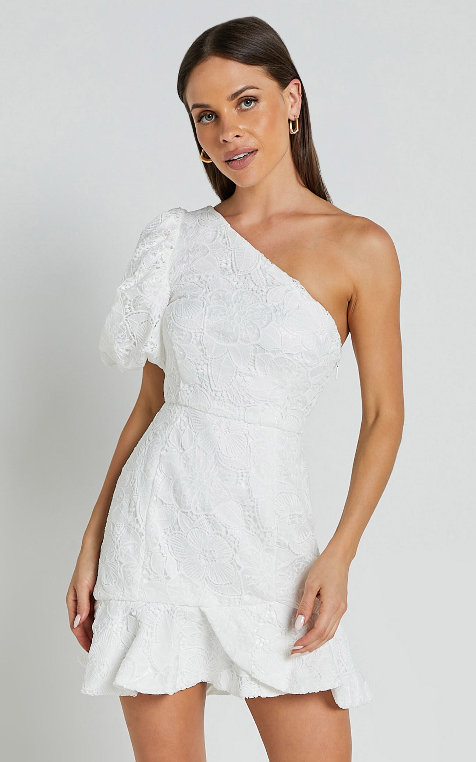 Jenny Mini Dress - One Shoulder Side Cut Out Lace Dress in White