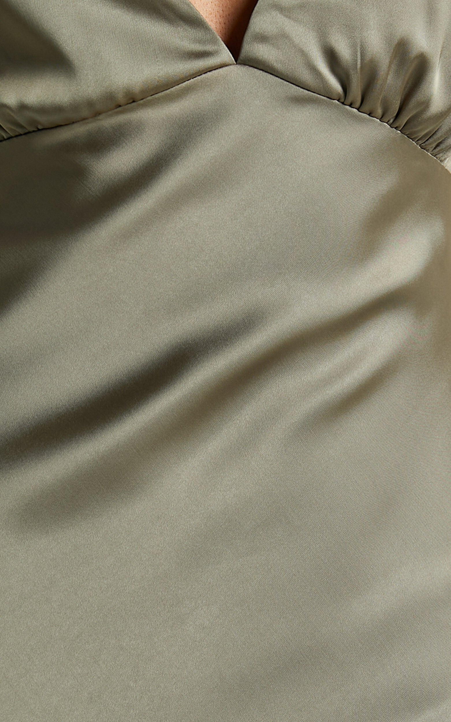 Khalani Midi Dress - Deep V Neck Satin Slip Dress in Dark Olive