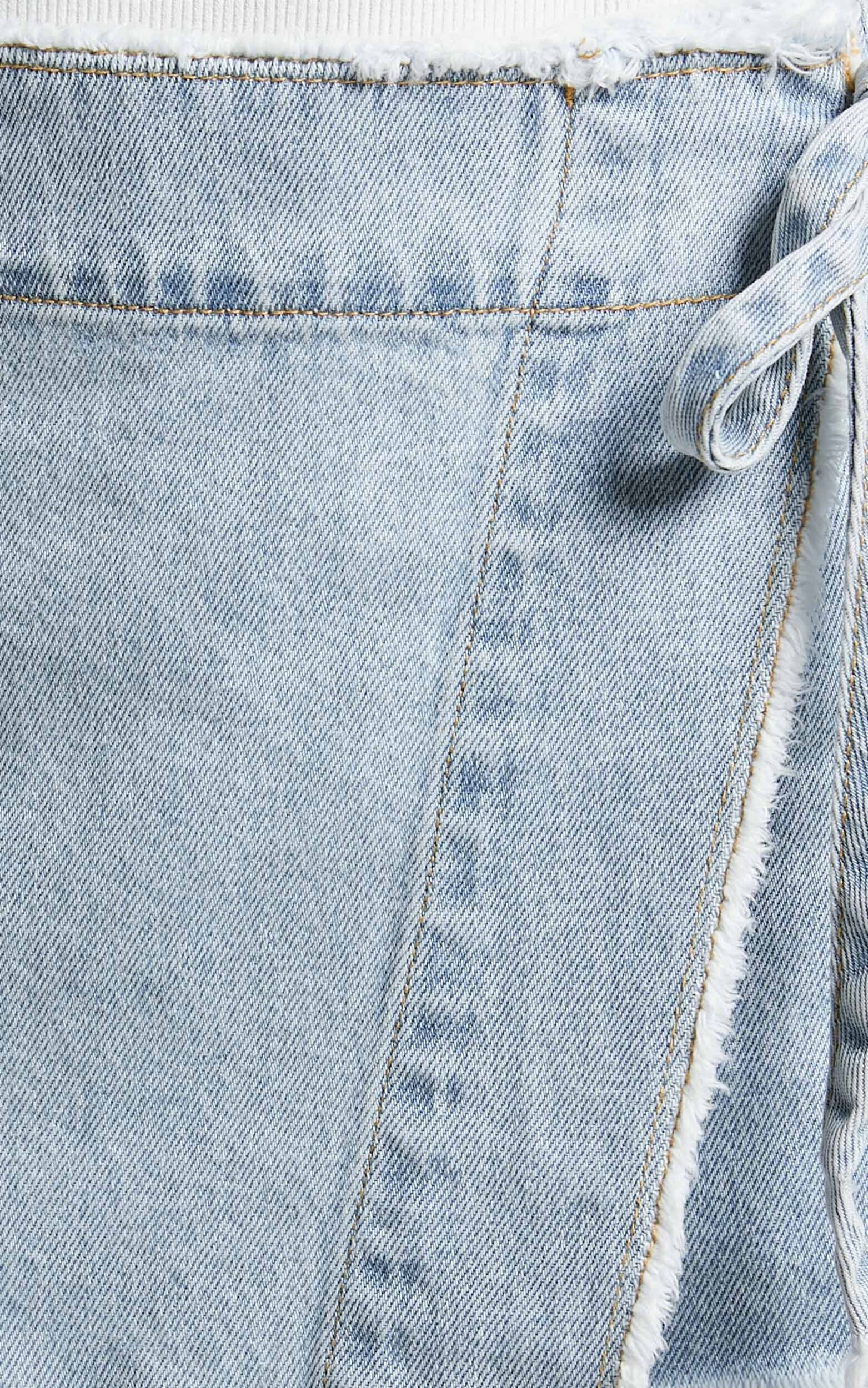 Ellyza Skort - Recycled Cotton Frayed Edge Wrap Denim Skort in Mid Blue Wash