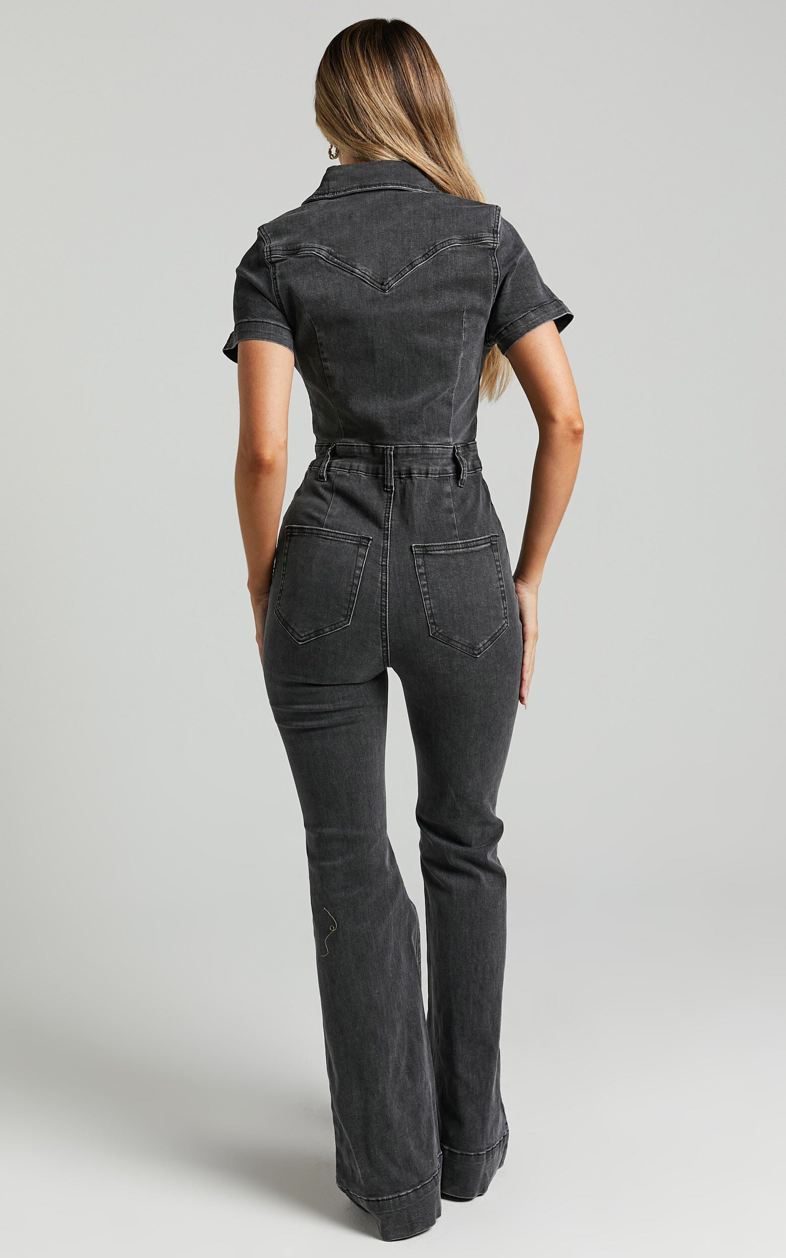 Silvena Jumpsuit - Short Sleeve Flared Denim Jumpsuit in Black Wash