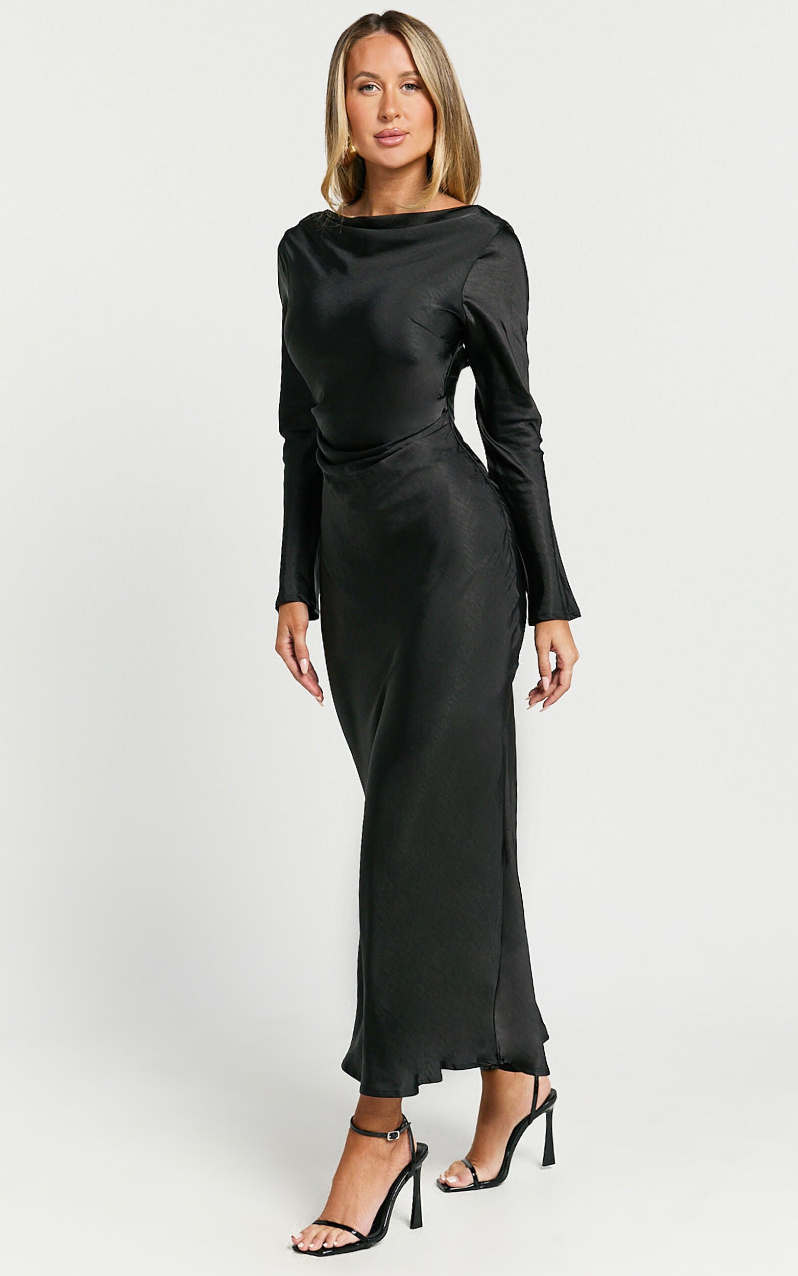 Arriana Midi Dress - Long Sleeve Cowl Back Satin Dress in Black