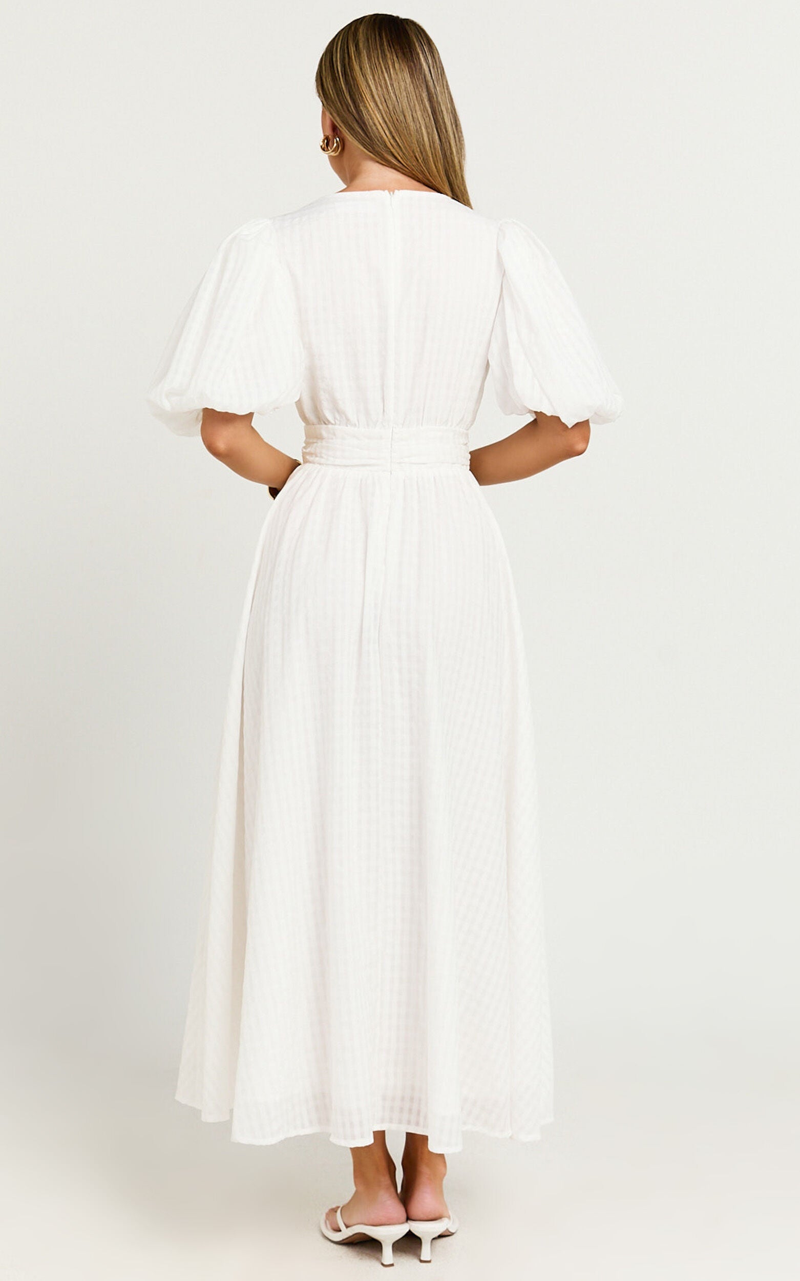 Xandy Midi Dress - Textured Puff Sleeve Plunge Dress in White