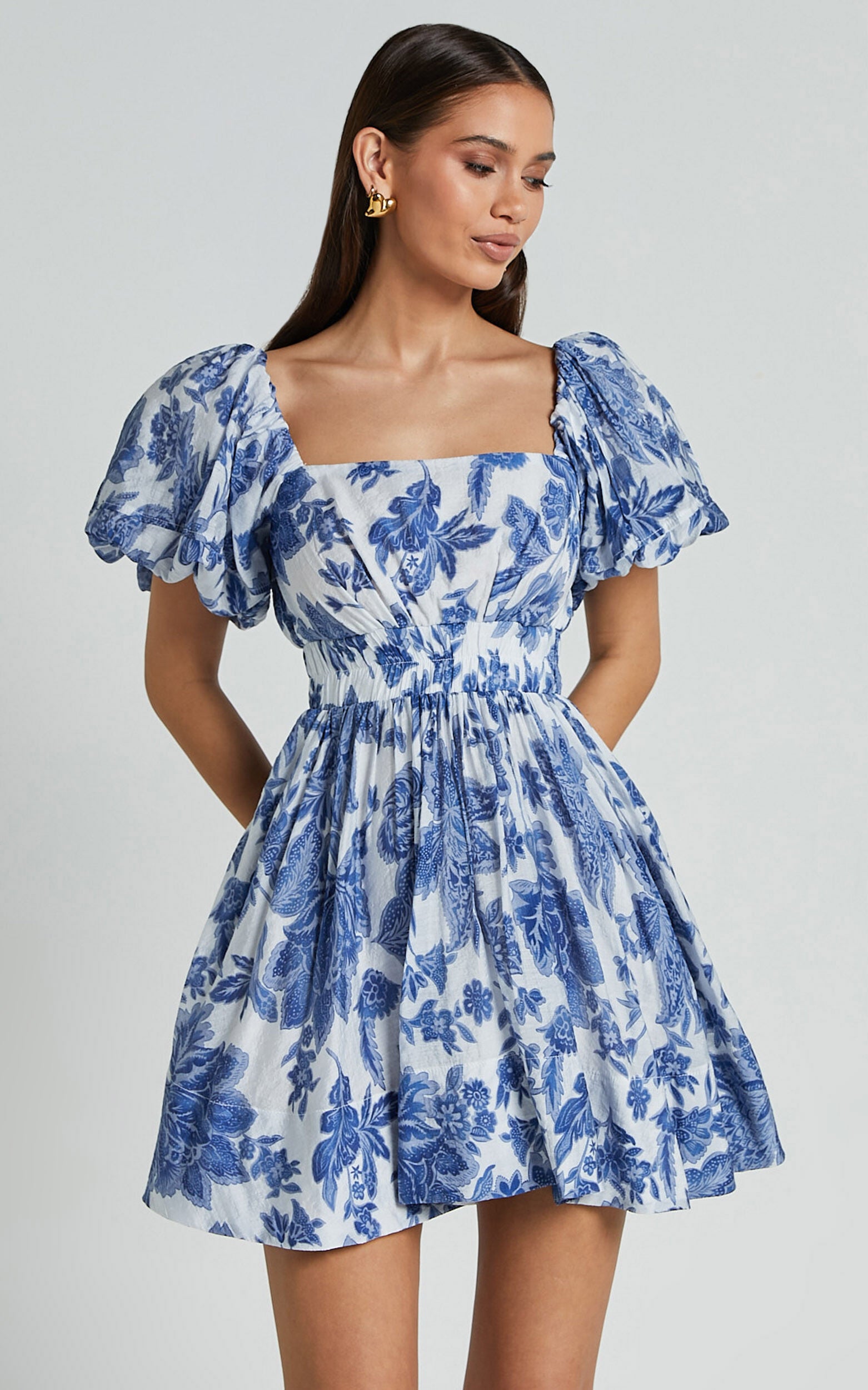 Mira Mini Dress - Square Neck Balloon Sleeve Dress in Blue Floral
