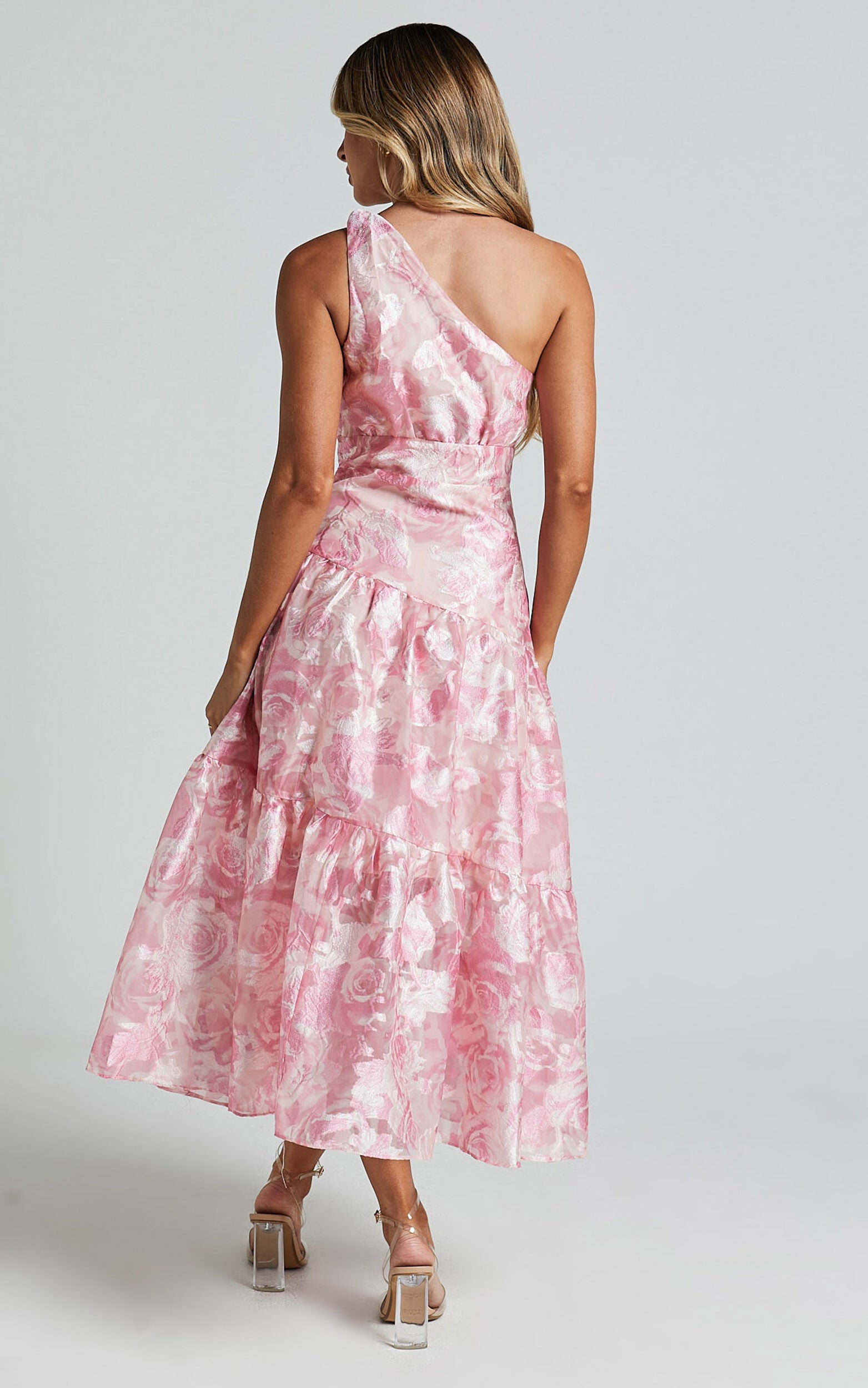 Lettie Midi Dress - One Shoulder Tiered Dress in Blurred Rose