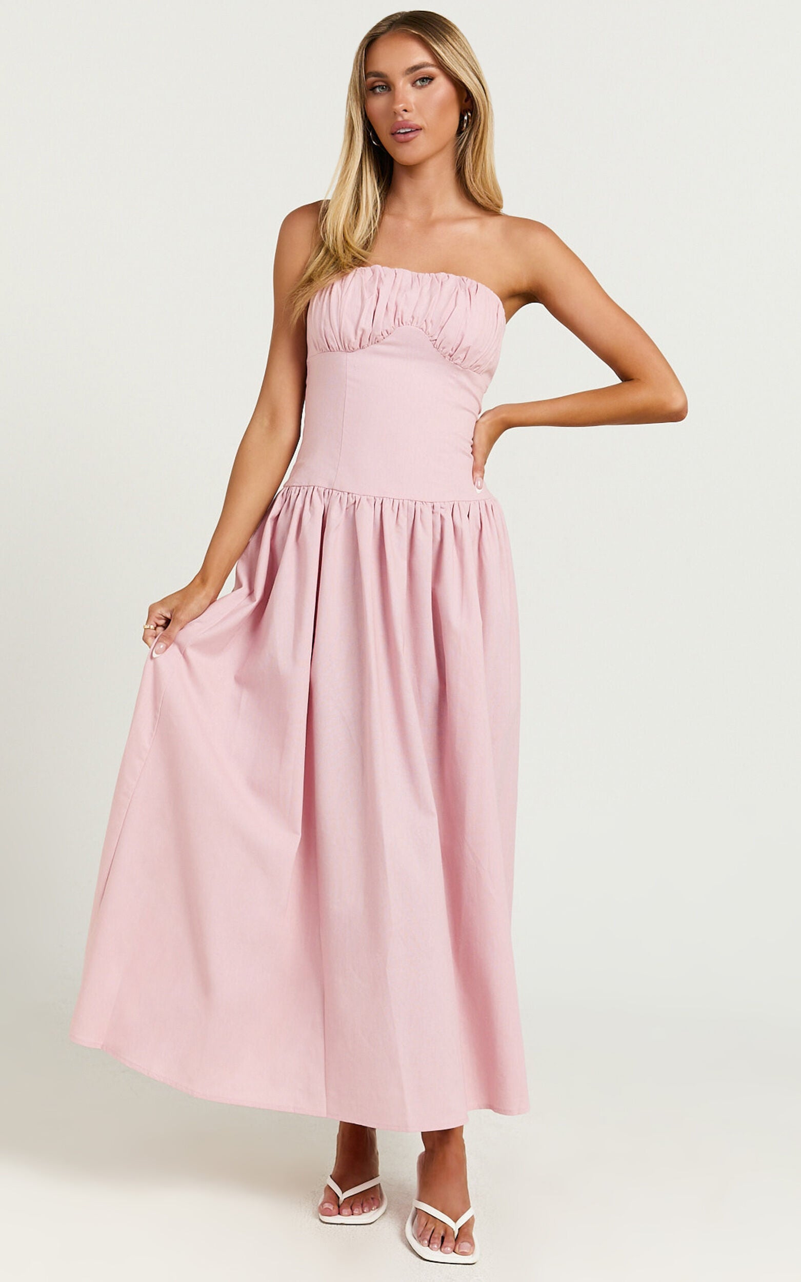 Jerah Midi Dress - Ruched Bust Full Skirt Dress in Pink