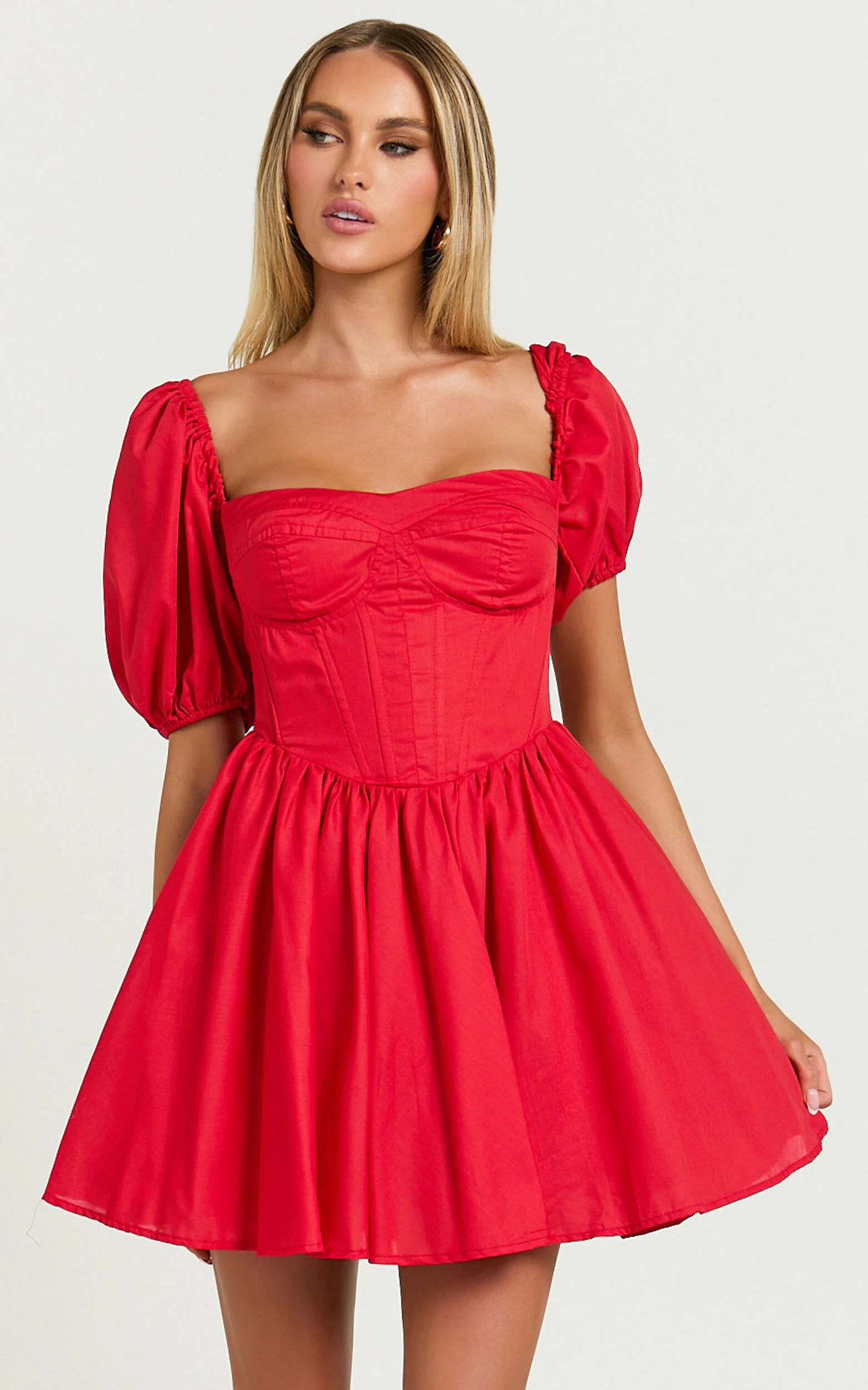 Souza Mini Dress - Fit and Flare Puff Sleeve Corset Dress in Red