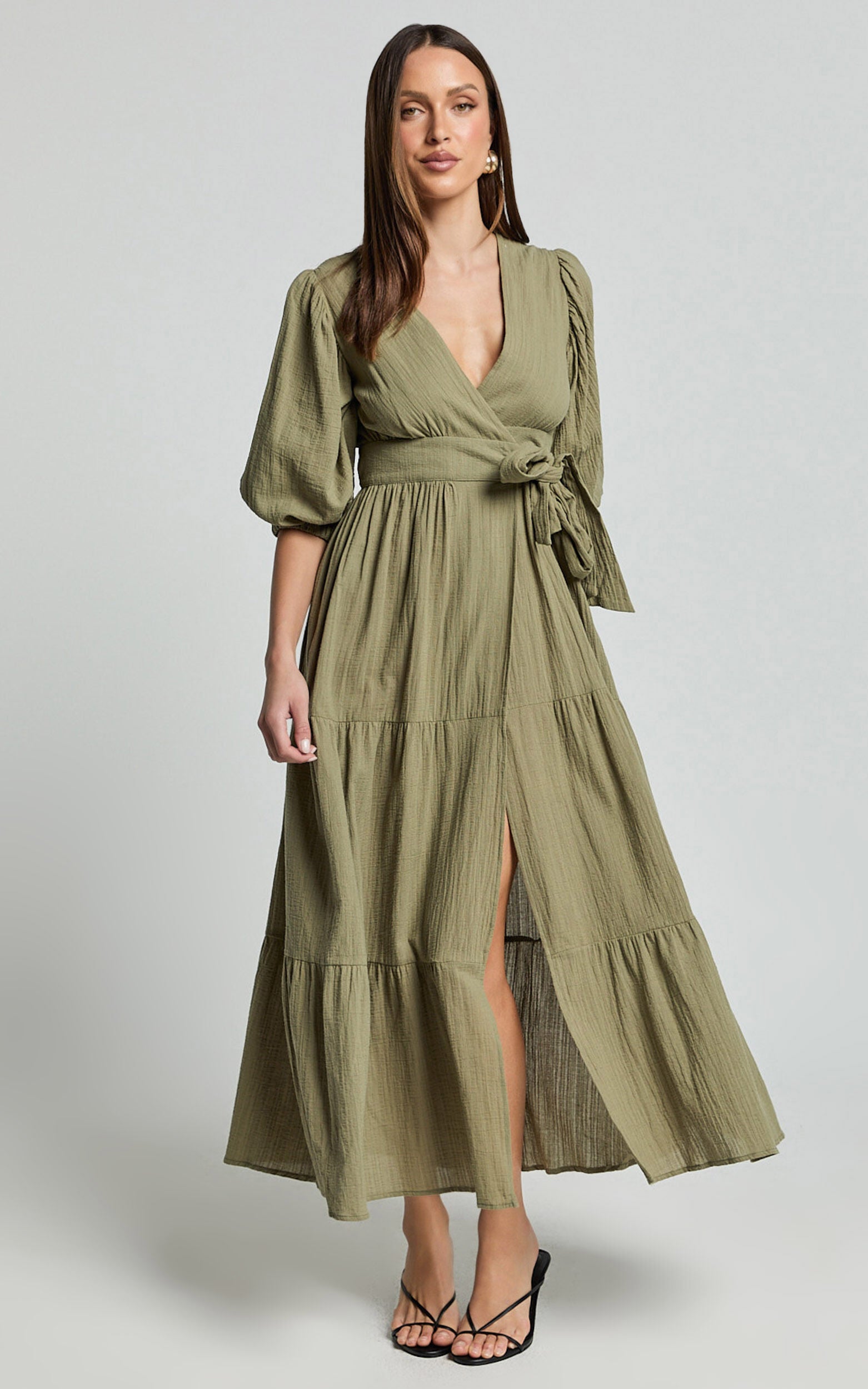 Penelope Wrap Front Puff Sleeve Midi Dress in Olive