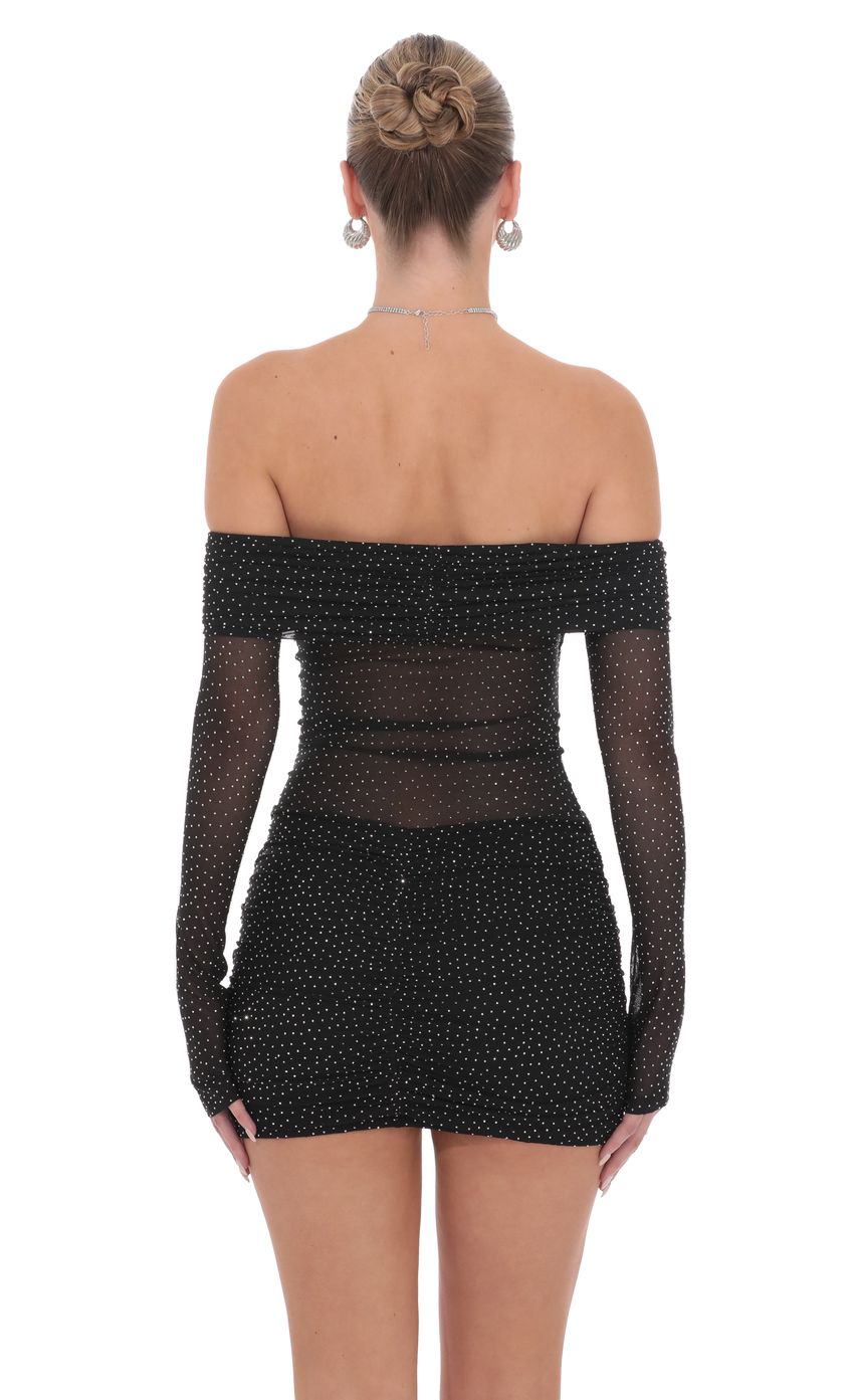 Rhinestone Mesh Off Shoulder Dress in Black