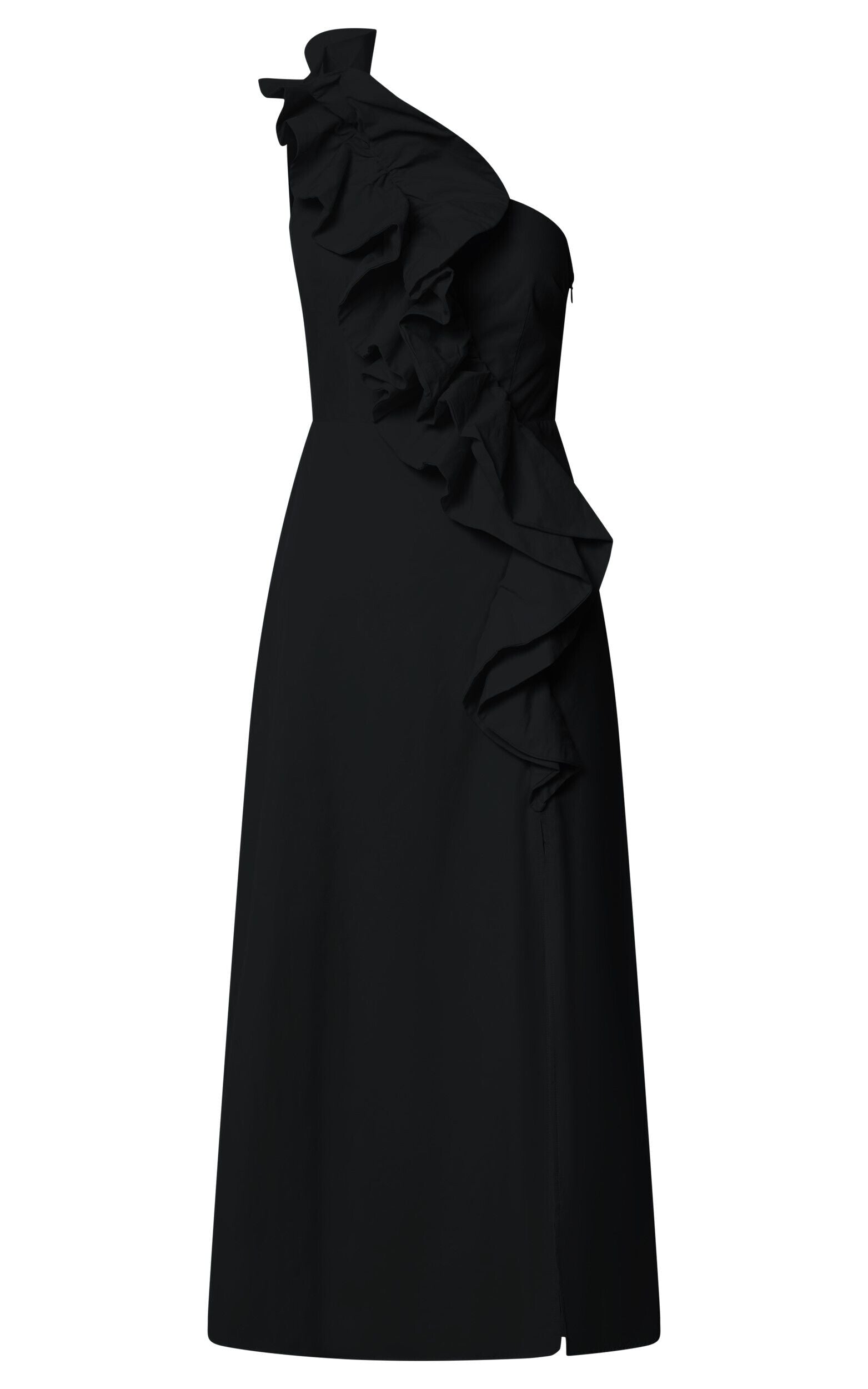 Rita Midi Dress - One Shoulder Ruffle Detail Dress in Black