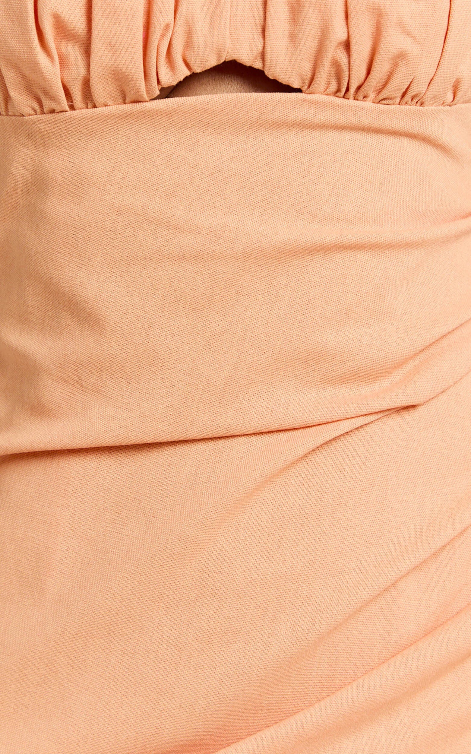 Frederica Midi Linen Dress - Gathered Sweetheart Tie Back Front Split Dress in Orange