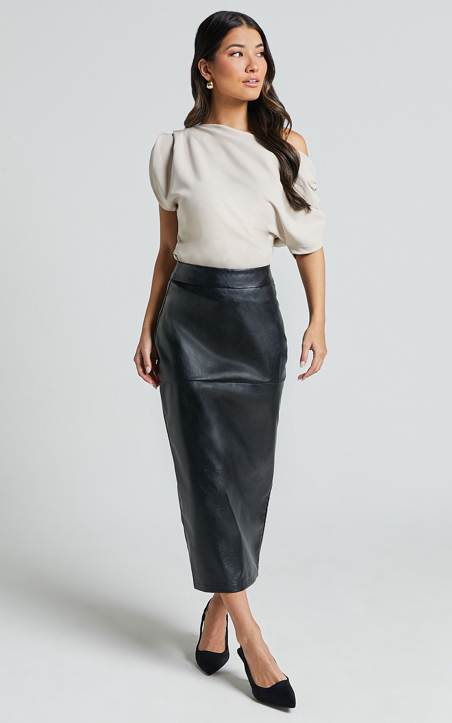 Emma Midi Skirt - High Waisted Faux Leather Skirt in Black