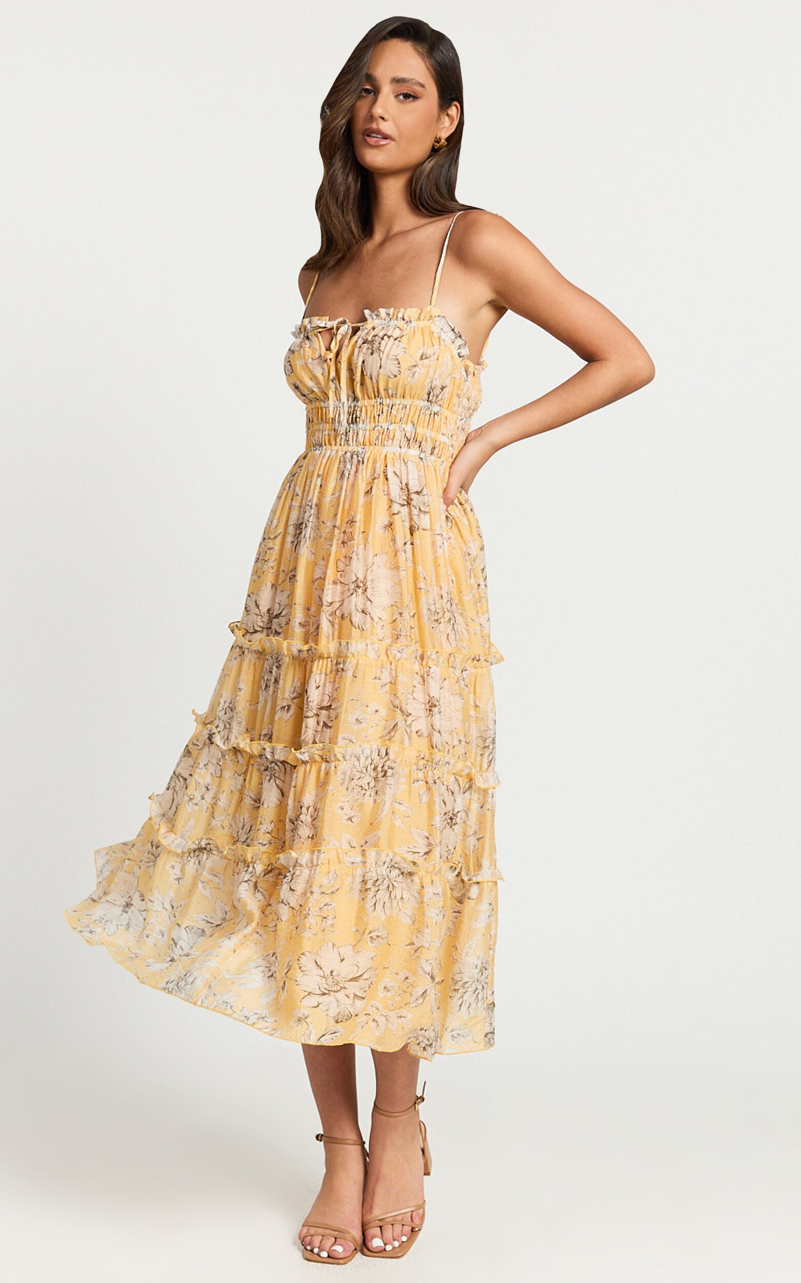 Fran Midi Dress - Ruched Tie Front Tiered Dress in Yellow Floral
