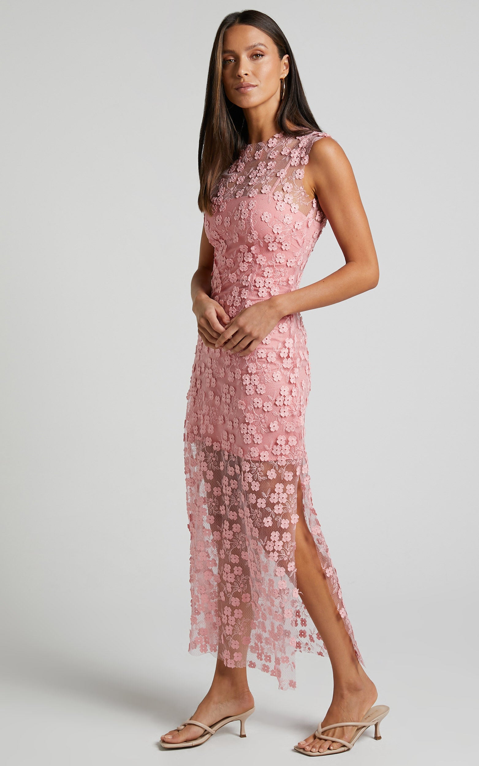 Hazel Midi Dress - 3D Flower Net Bodycon Dress in Pink