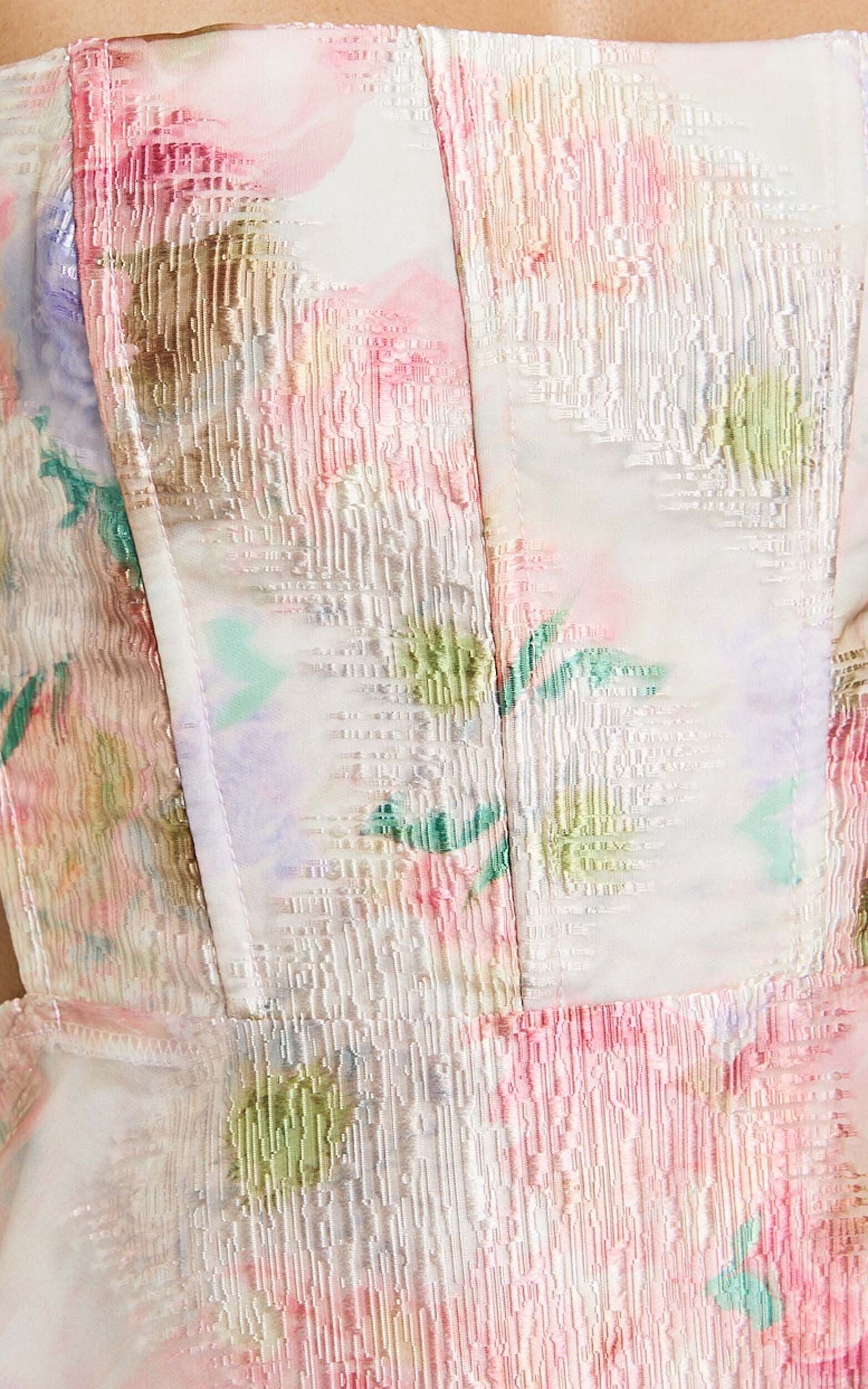 Odessa Mini Dress - Straight Neck Backless Tie Back Shift Dress in Pink Jacquard