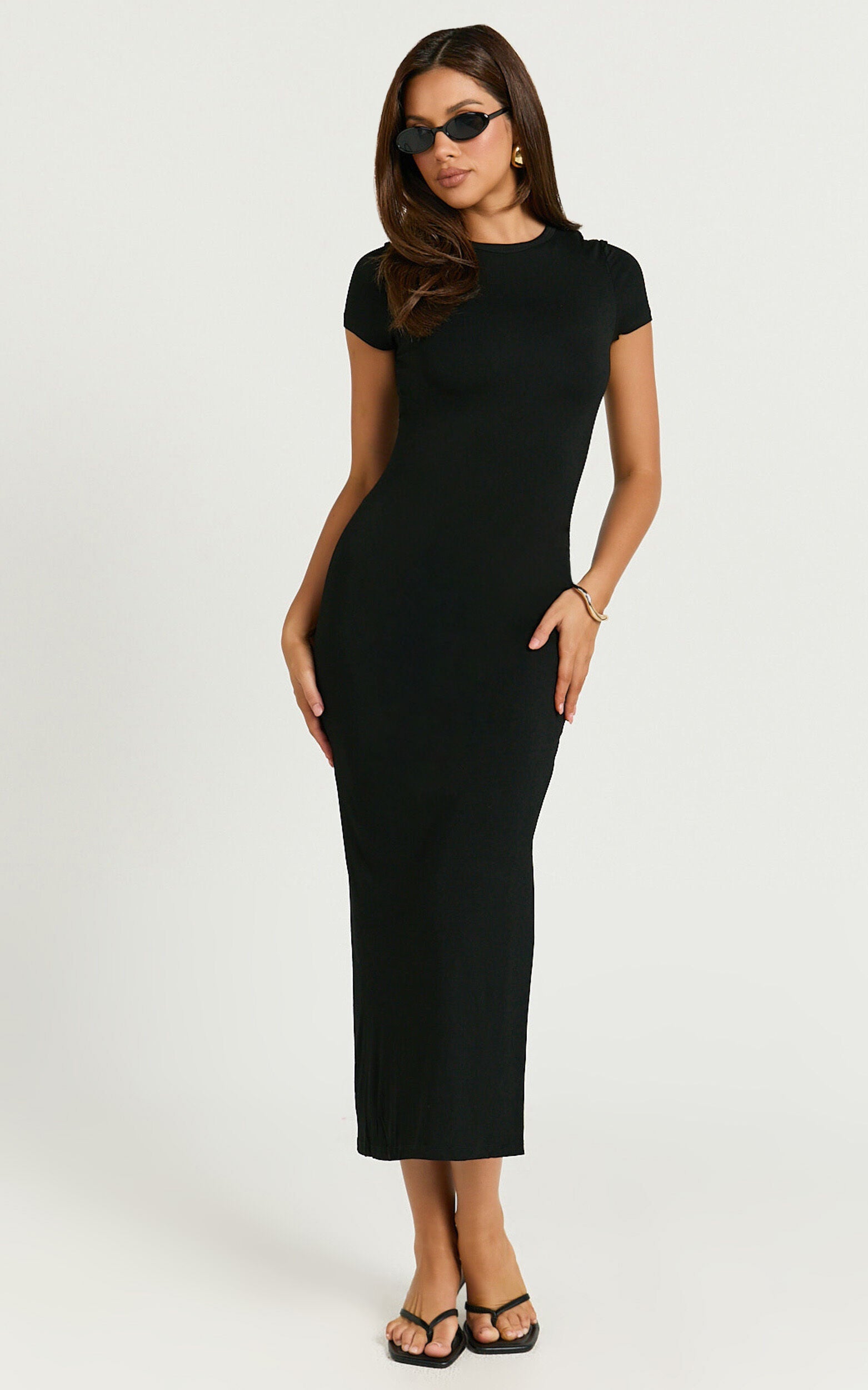 Elaine Midi Dress - Short Sleeve Slim Fit Bodycon Dress in Black