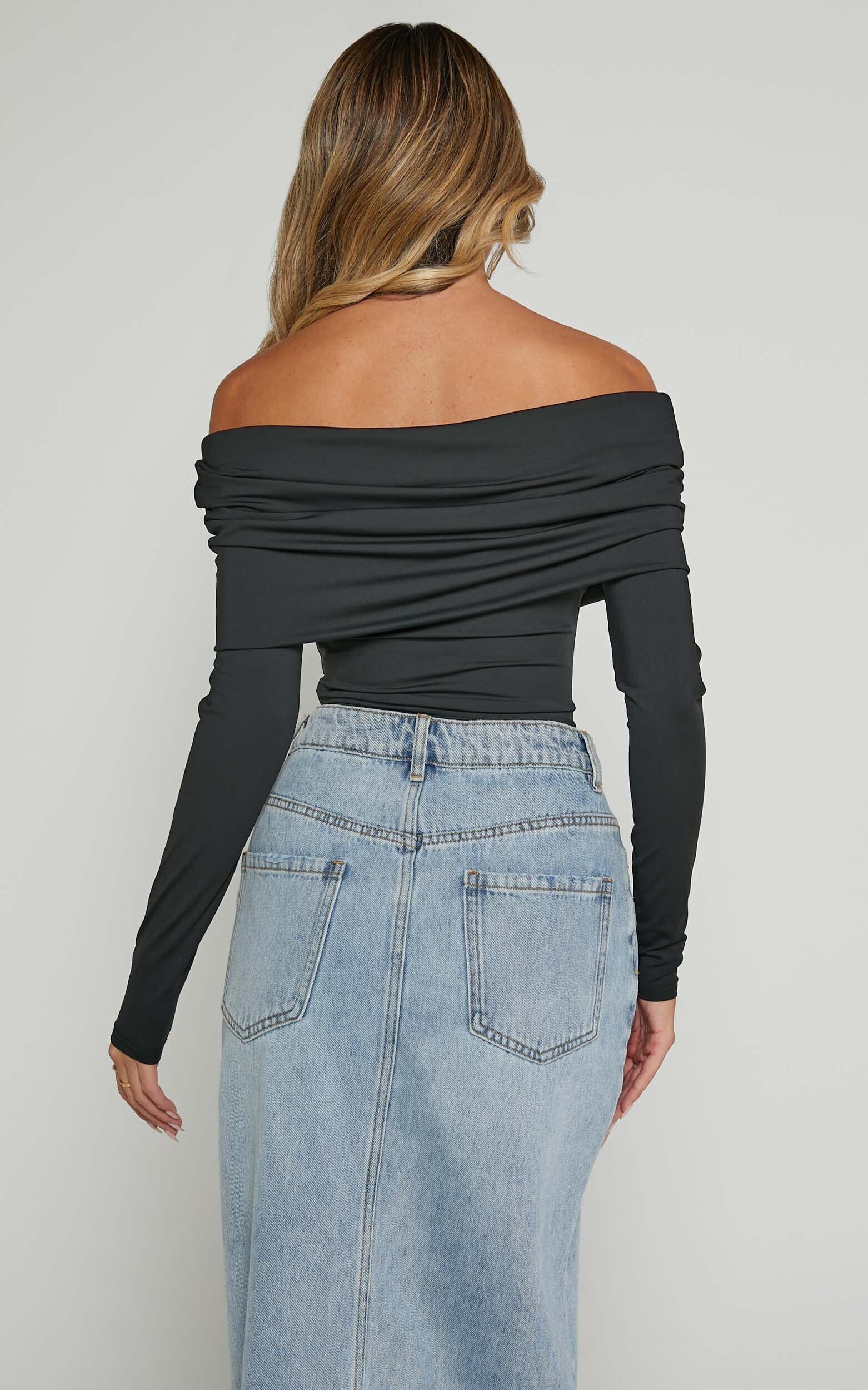 Ermalen Bodysuit - Folded Off Shoulder Long Sleeve Bodysuit in Black