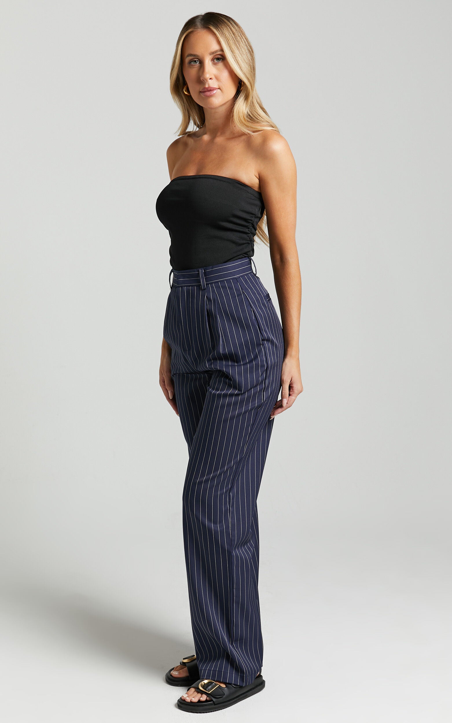 Iyah Pants - High Waisted Tailored Pants in Navy Pinstripe