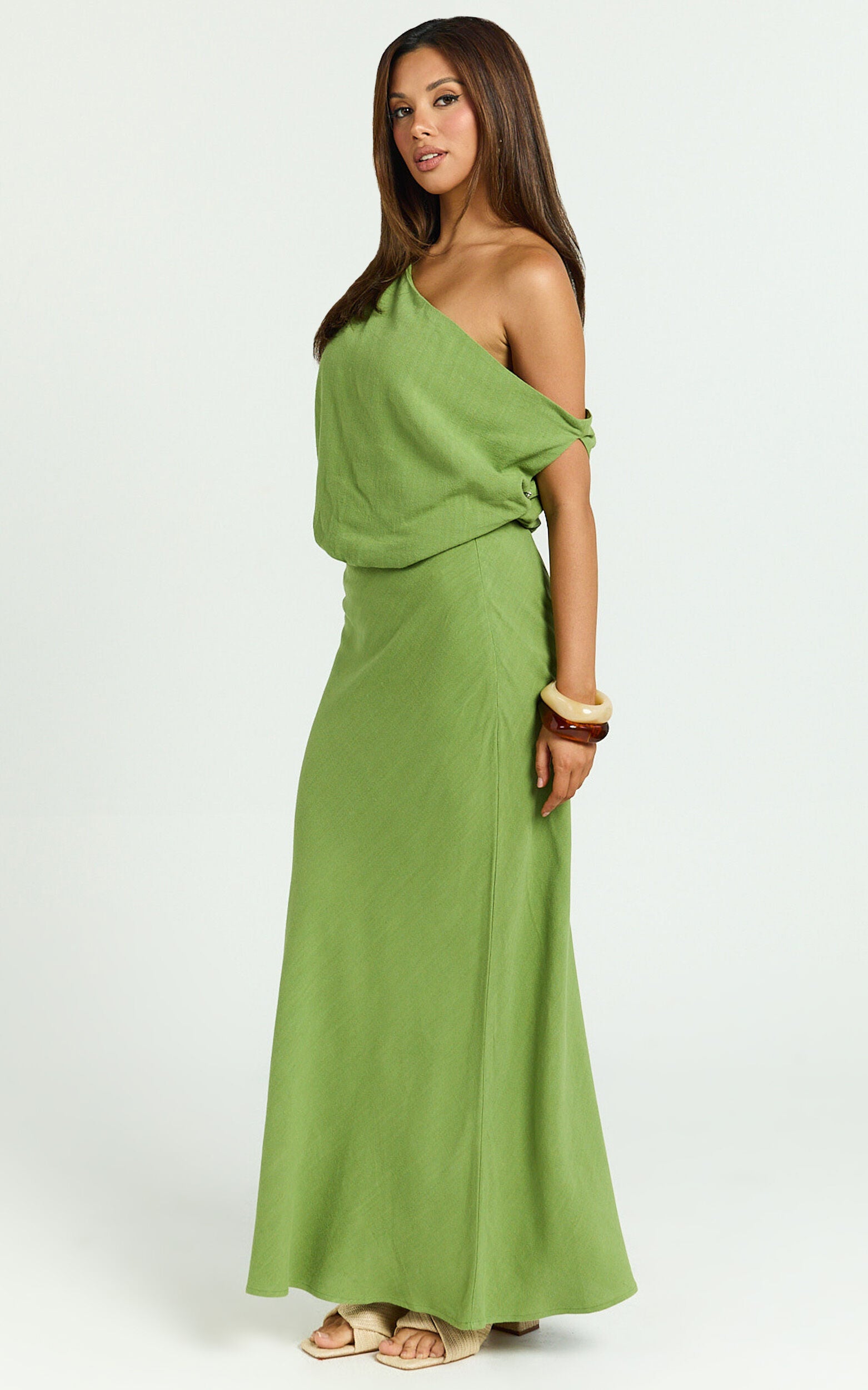 Jacqueline Midi Dress - Linen One Shoulder Dress in Green