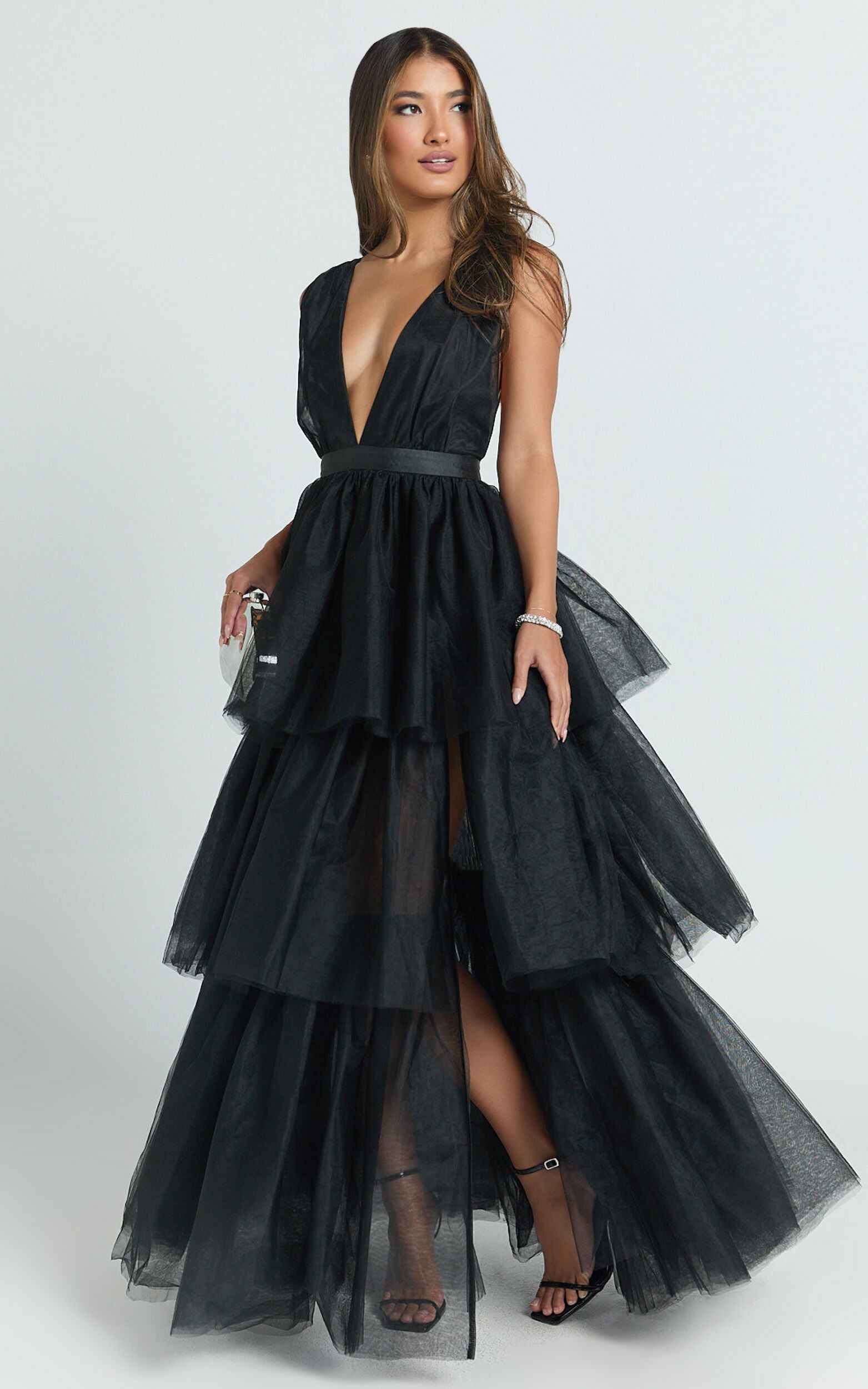 Jemma Maxi Dress - Tiered Tulle Plunge Cross Back Dress in Black