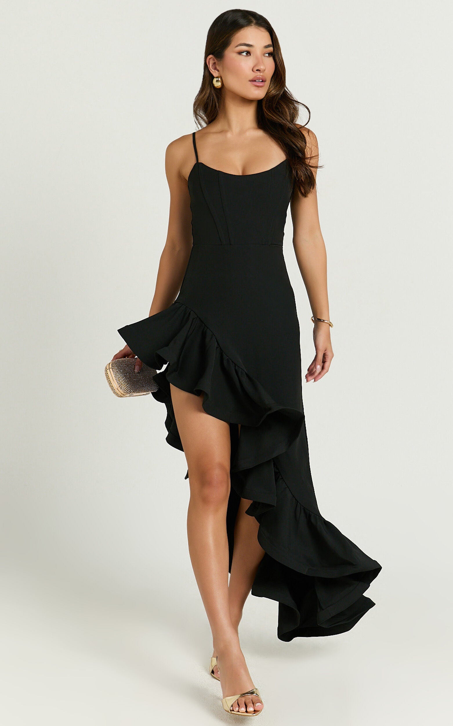 Maura Maxi Dress - Scoop Neckline Ruffle High Low Dress in Black