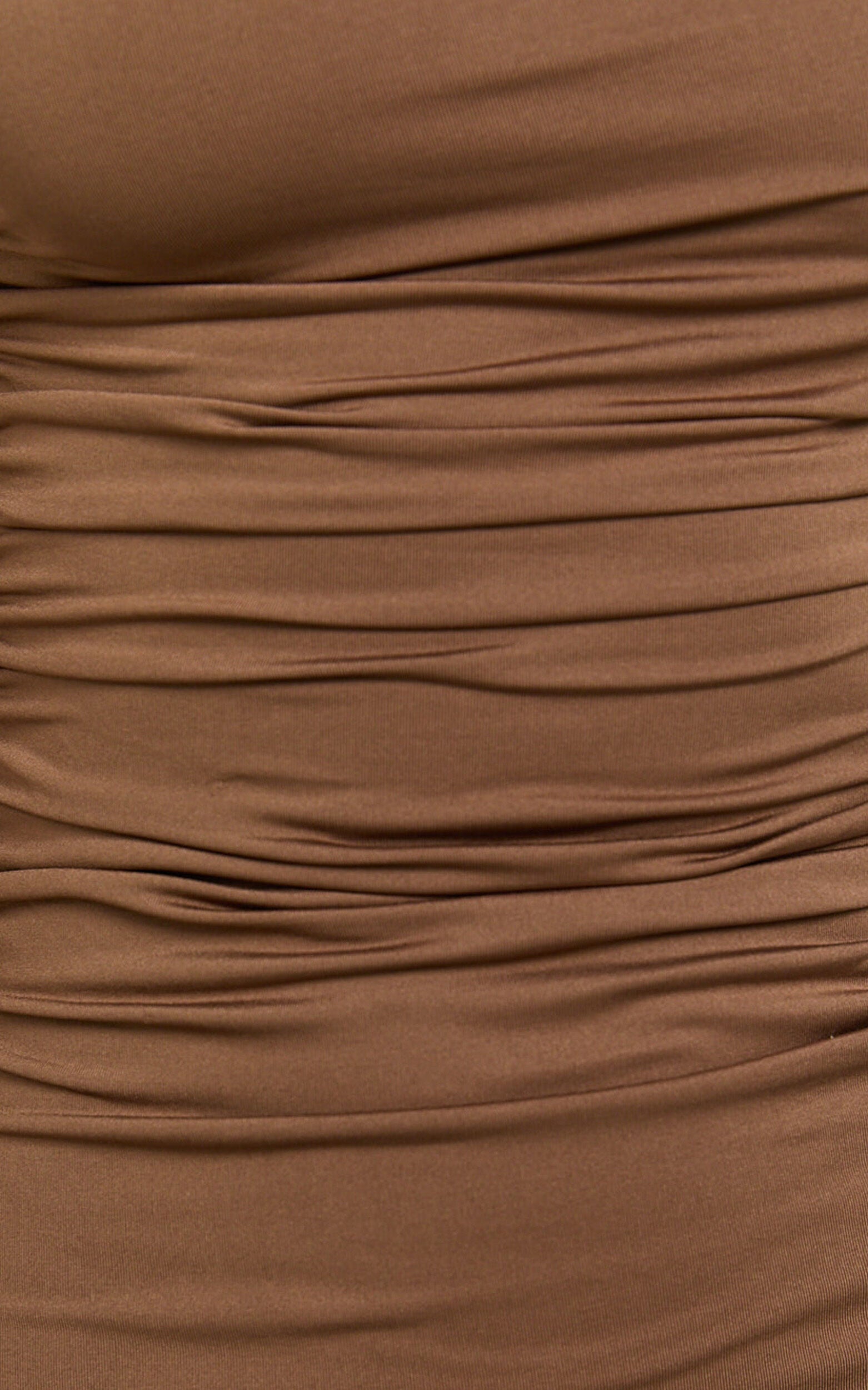 Yolanda Midi Dress - Off Shoulder Ruched Side Jersey Dress in Mocha