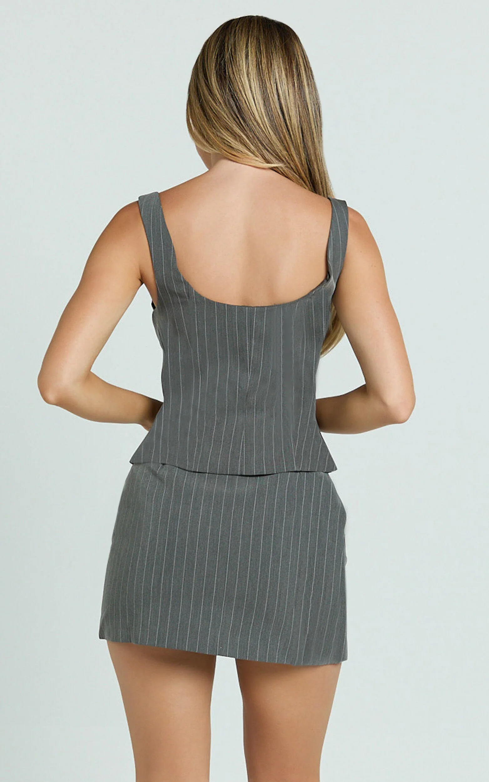 Fiona Mini Skort - Pinstripe Waistband Fly Front Fitted Skirt in Dark Grey
