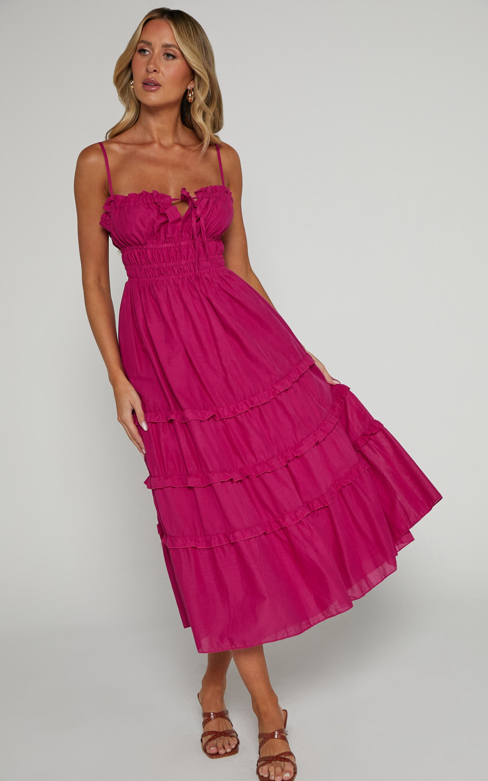 Schiffer Midi Dress - Strappy Ruched Tie Front Tiered Dress in Raspberry