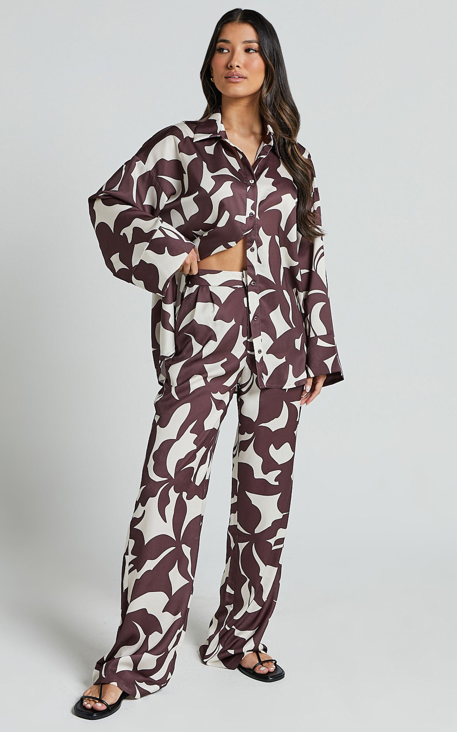 Janissa Pants - High Waisted Wide Leg Pants in Brown Floral