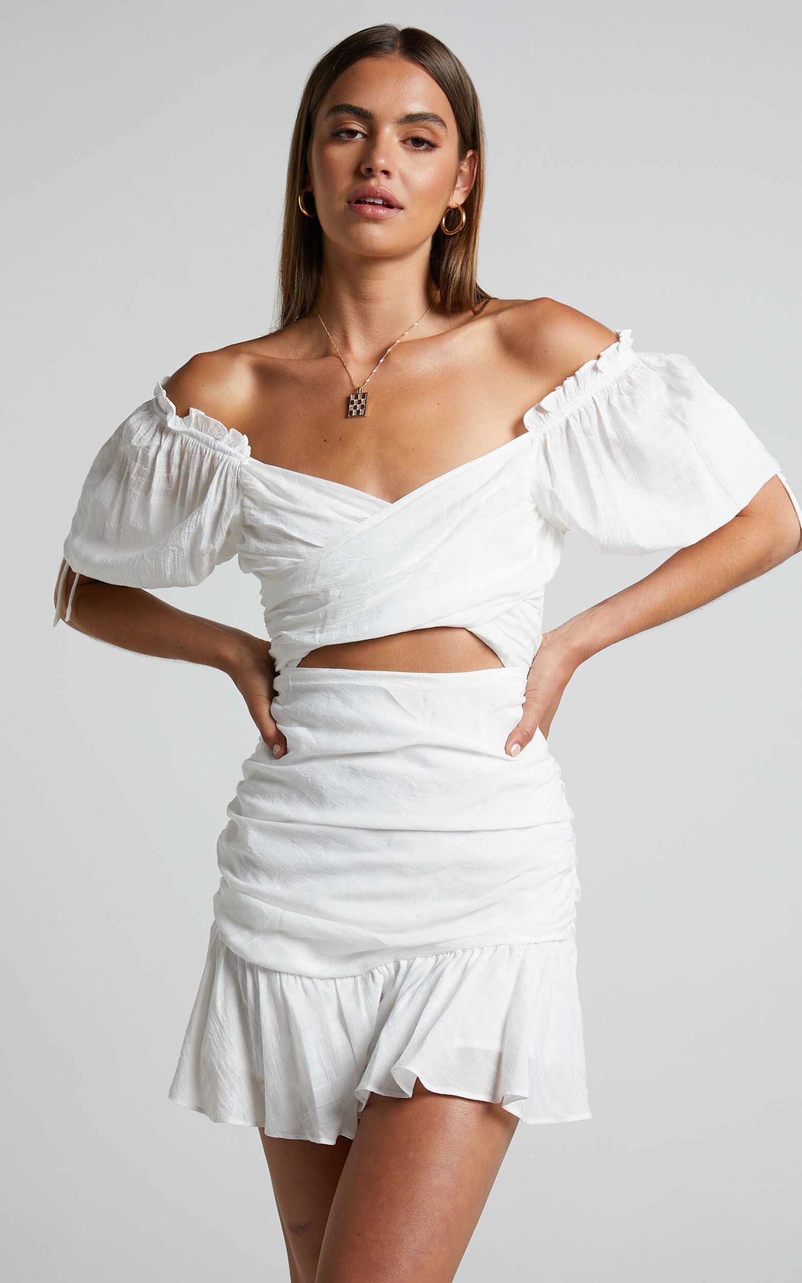 Emileen Mini Dress - Cross Front Cut Out Puff Sleeve Dress in White