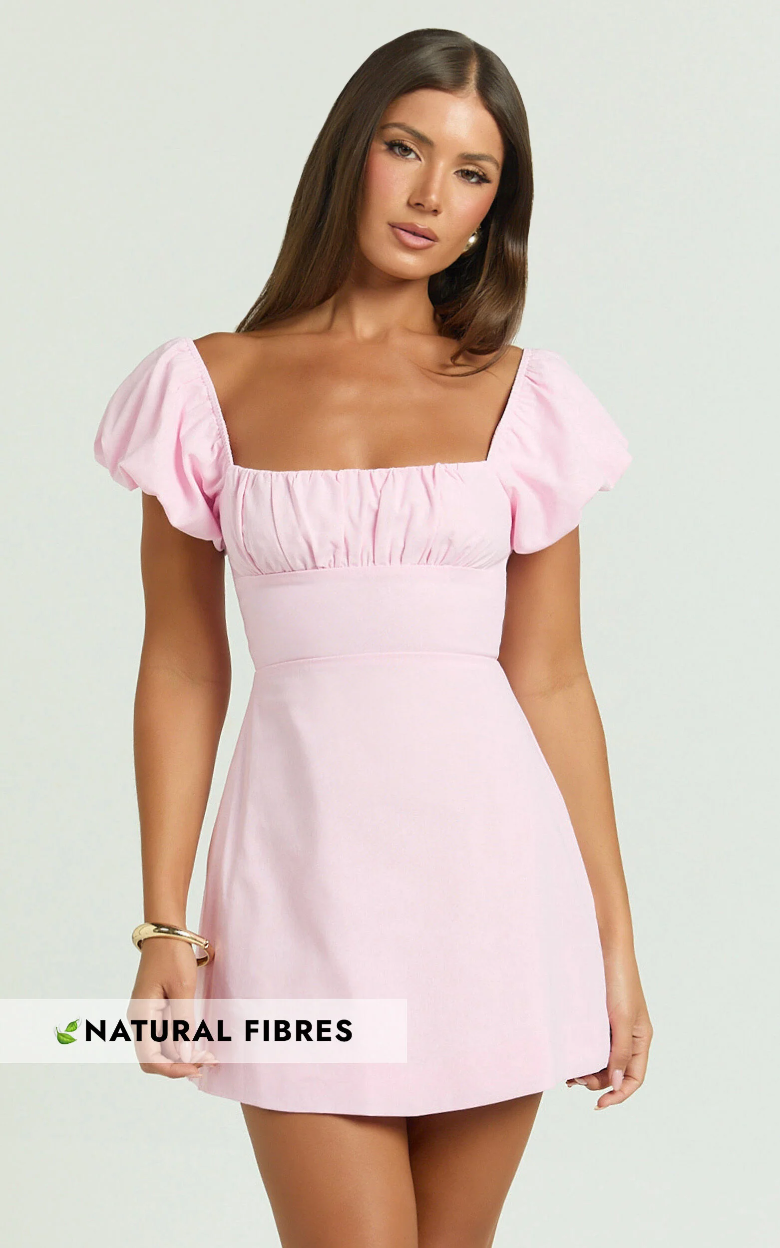 Ginny Mini Dress - Square Neck Ruched Bodice Puff Sleeve Straight Dress in Pink