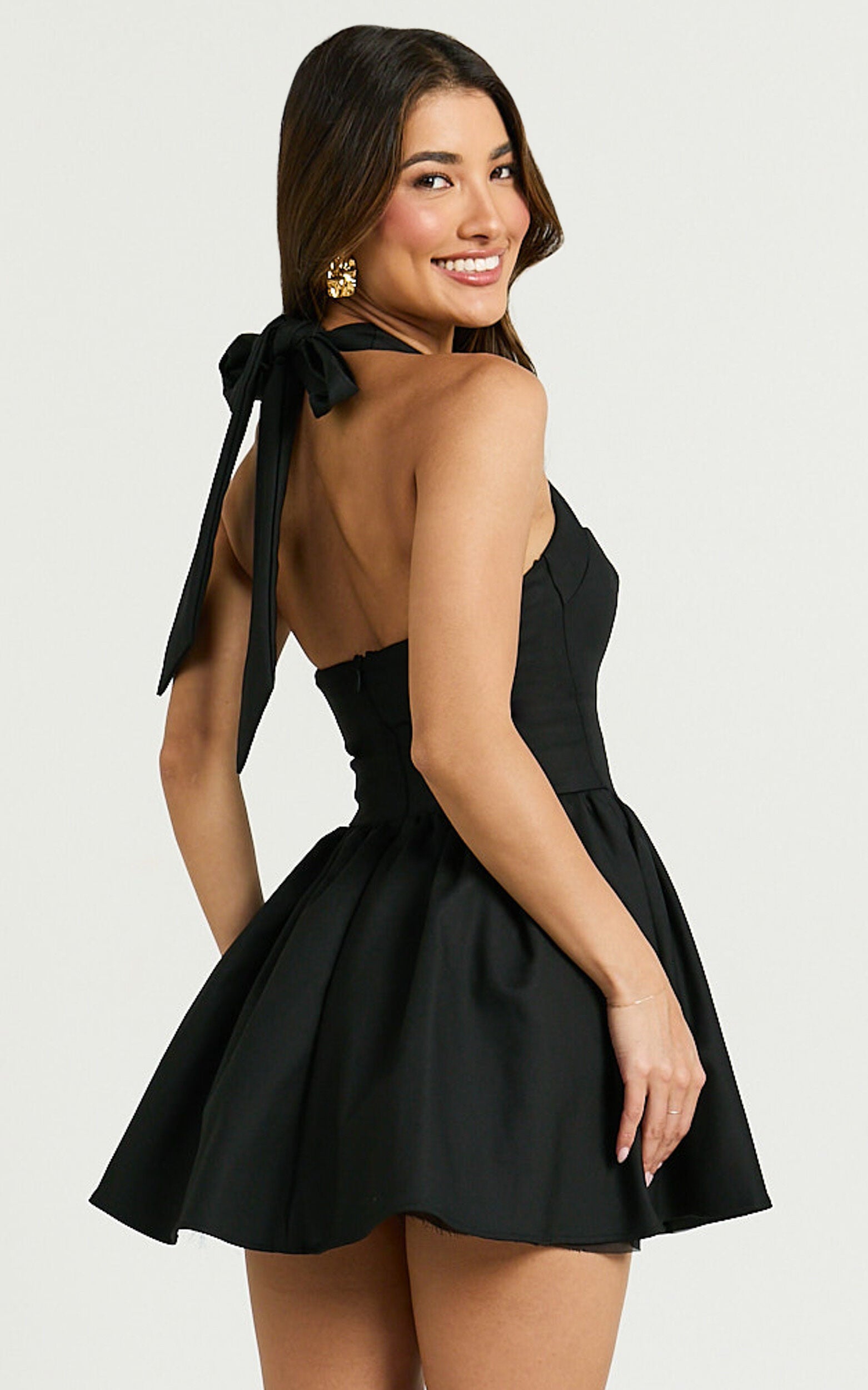 Helda Mini Dress - Halter Tie Neck Corset Panel Dress in Black