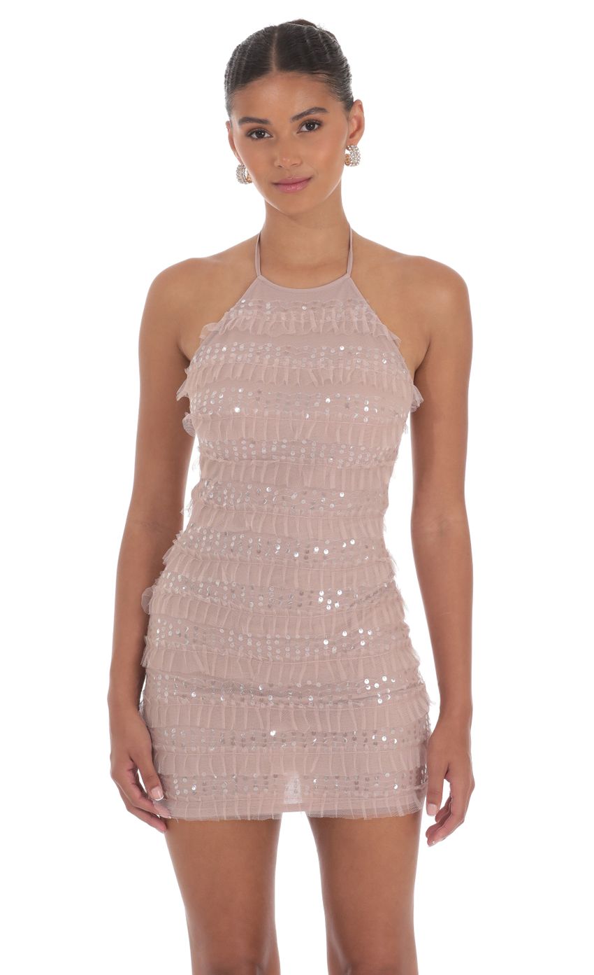 Sequin Ruffle Halter Bodycon Dress in Mauve