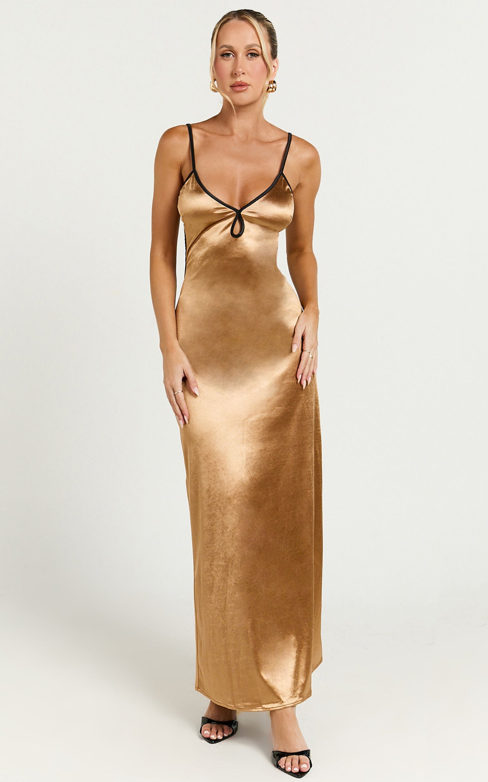 Melai Midi Dress - Contrast Satin Slip Midi Dress in Gold & Black