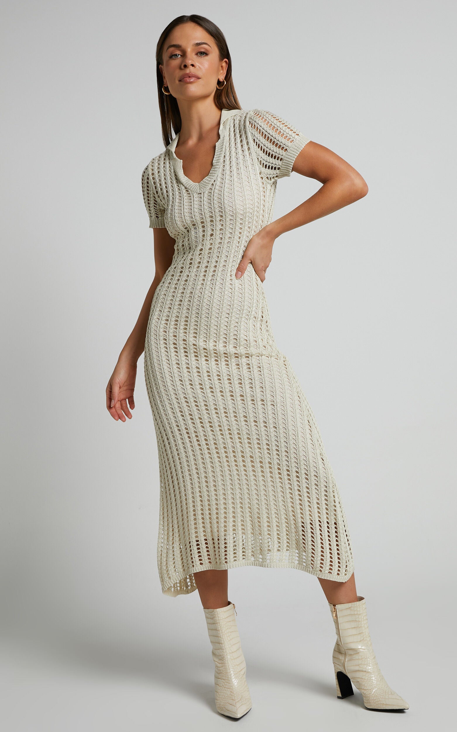 Jolie Midi Dress - Crochet Collared Short Sleeve Dress in Cream