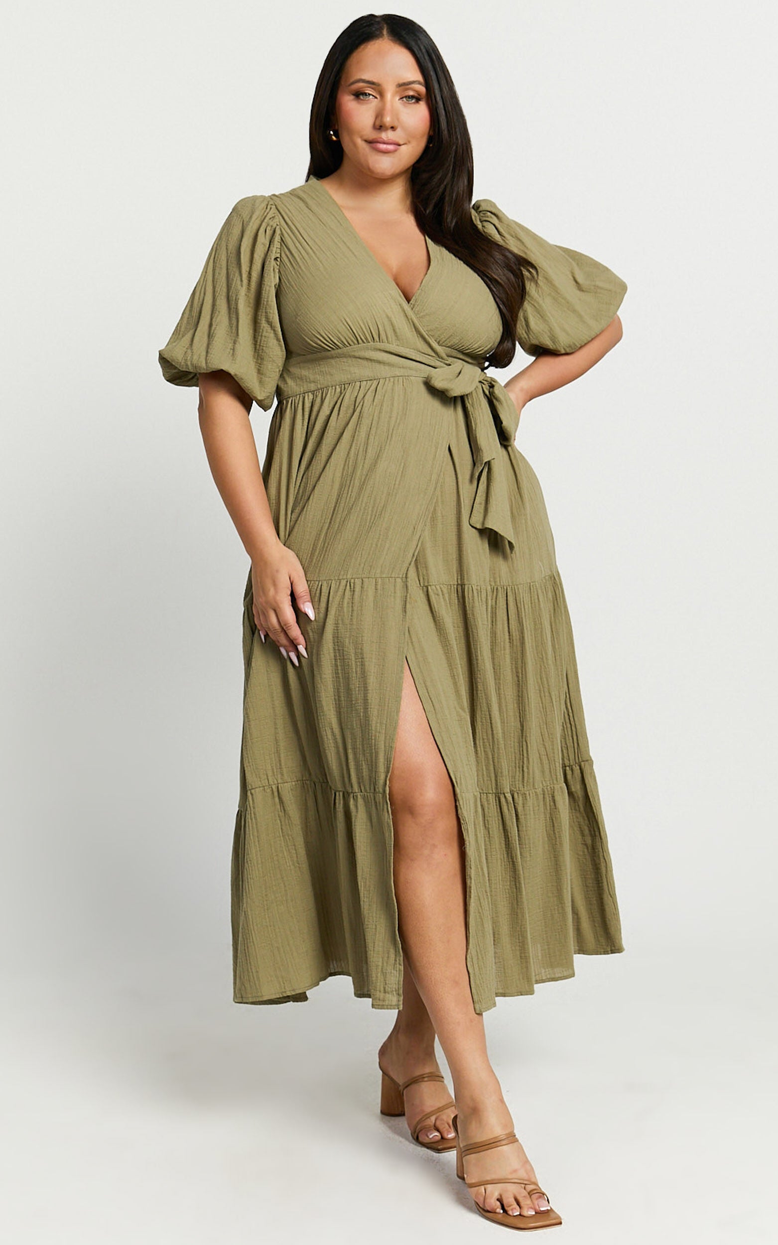 Penelope Wrap Front Puff Sleeve Midi Dress in Olive