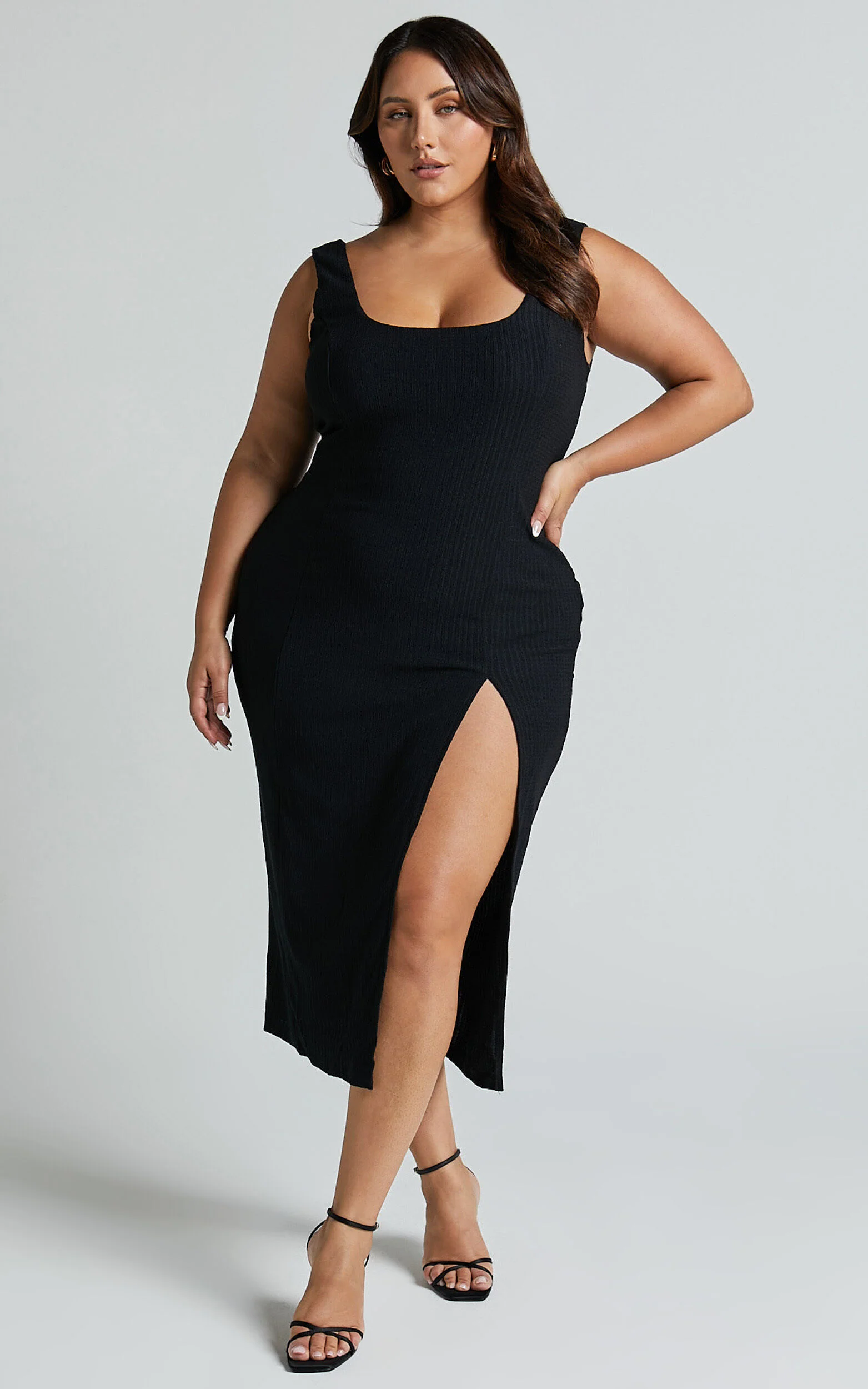 Wilder Midi Dress - Textured Thigh Split Bodycon Dress in Black