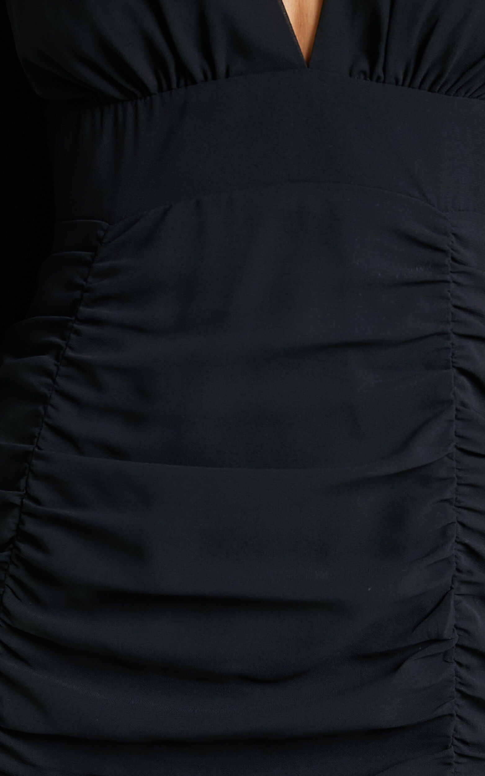 Hollis Mini Dress - Ruched Long Sleeve Plunge Neck Dress in Black