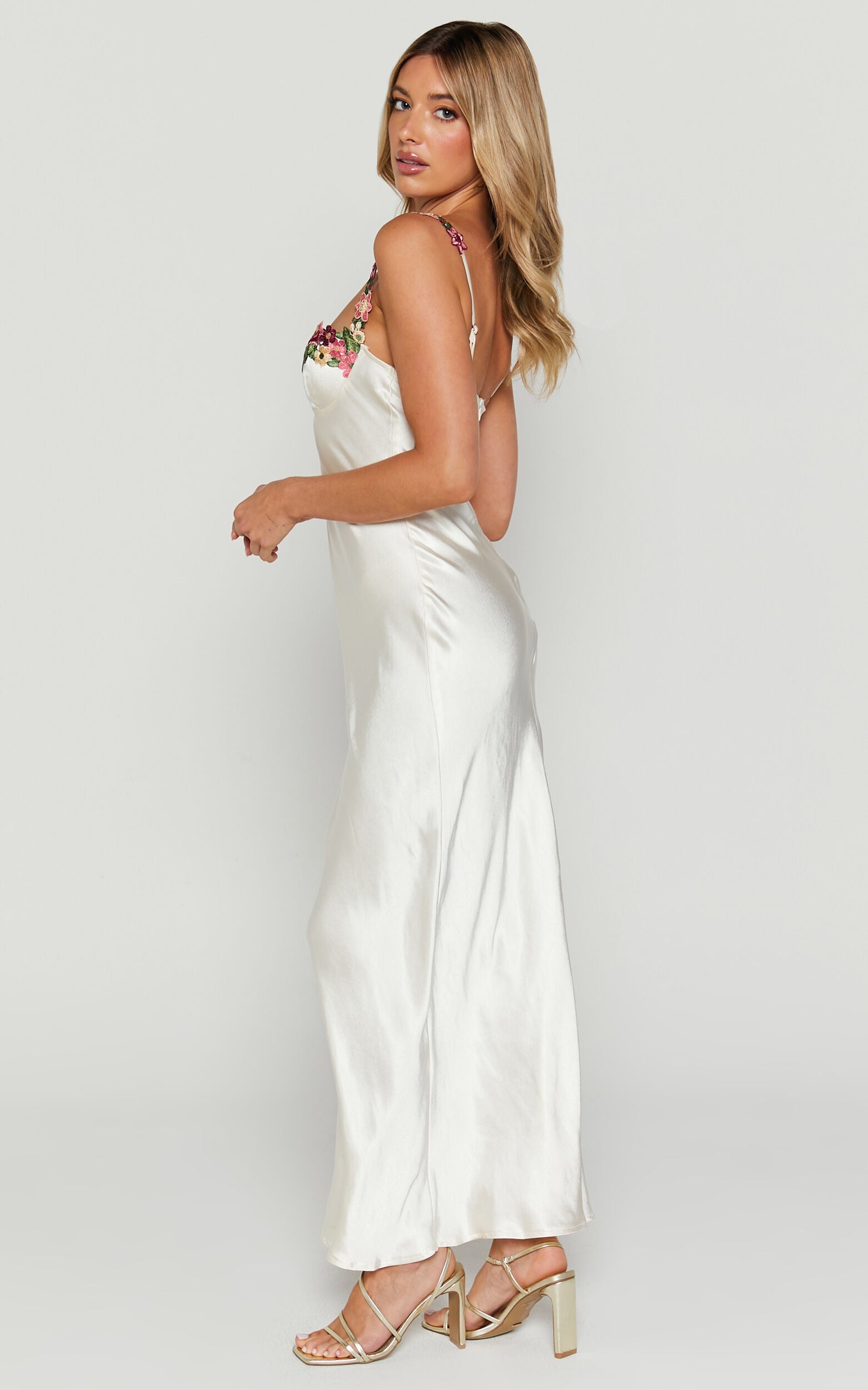 Harmony Midi Dress - Floral Detail Cup Bust Satin Dress in White
